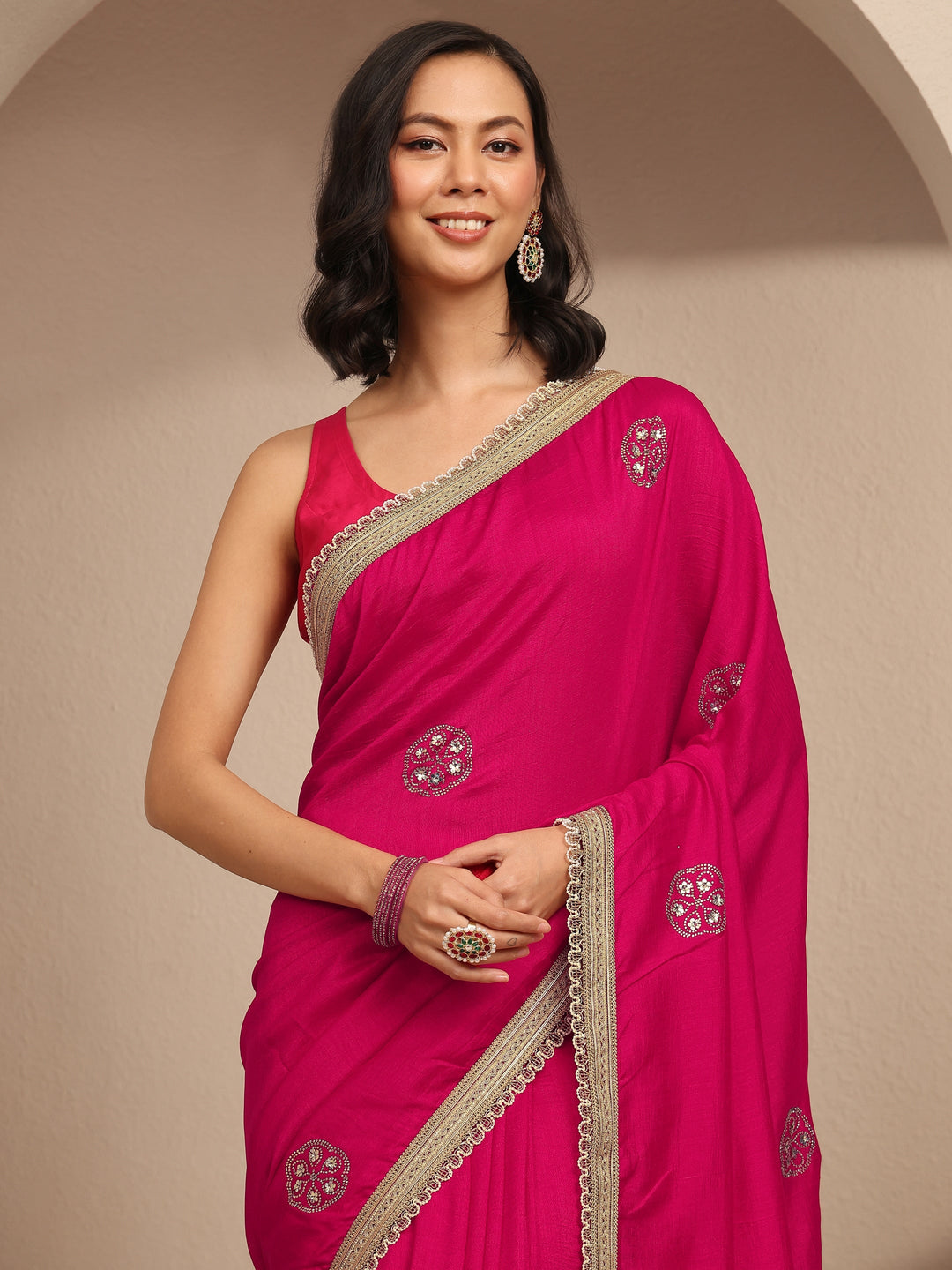  Pink Embellished Silk Blend Saree With Unstitched Blouse Piece 