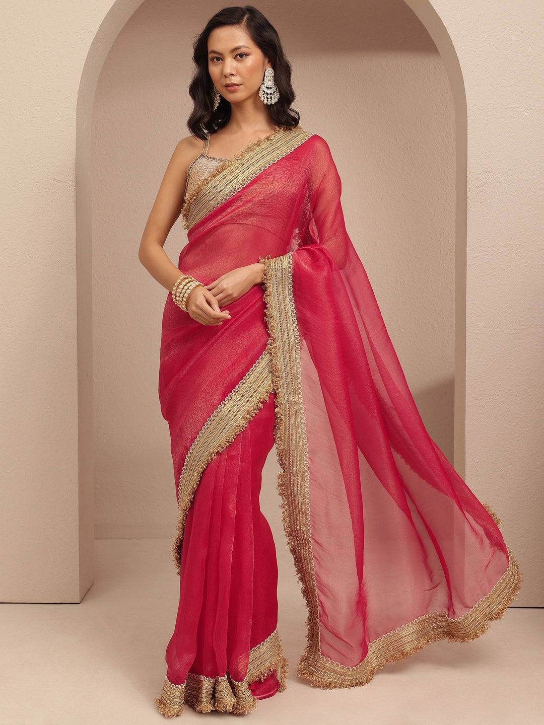 Pink Solid Silk Blend Saree With Unstitched Blouse Piece 