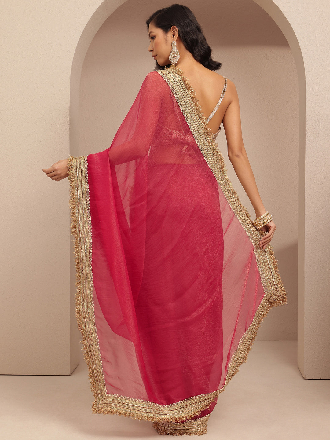  Pink Solid Silk Blend Saree With Unstitched Blouse Piece 
