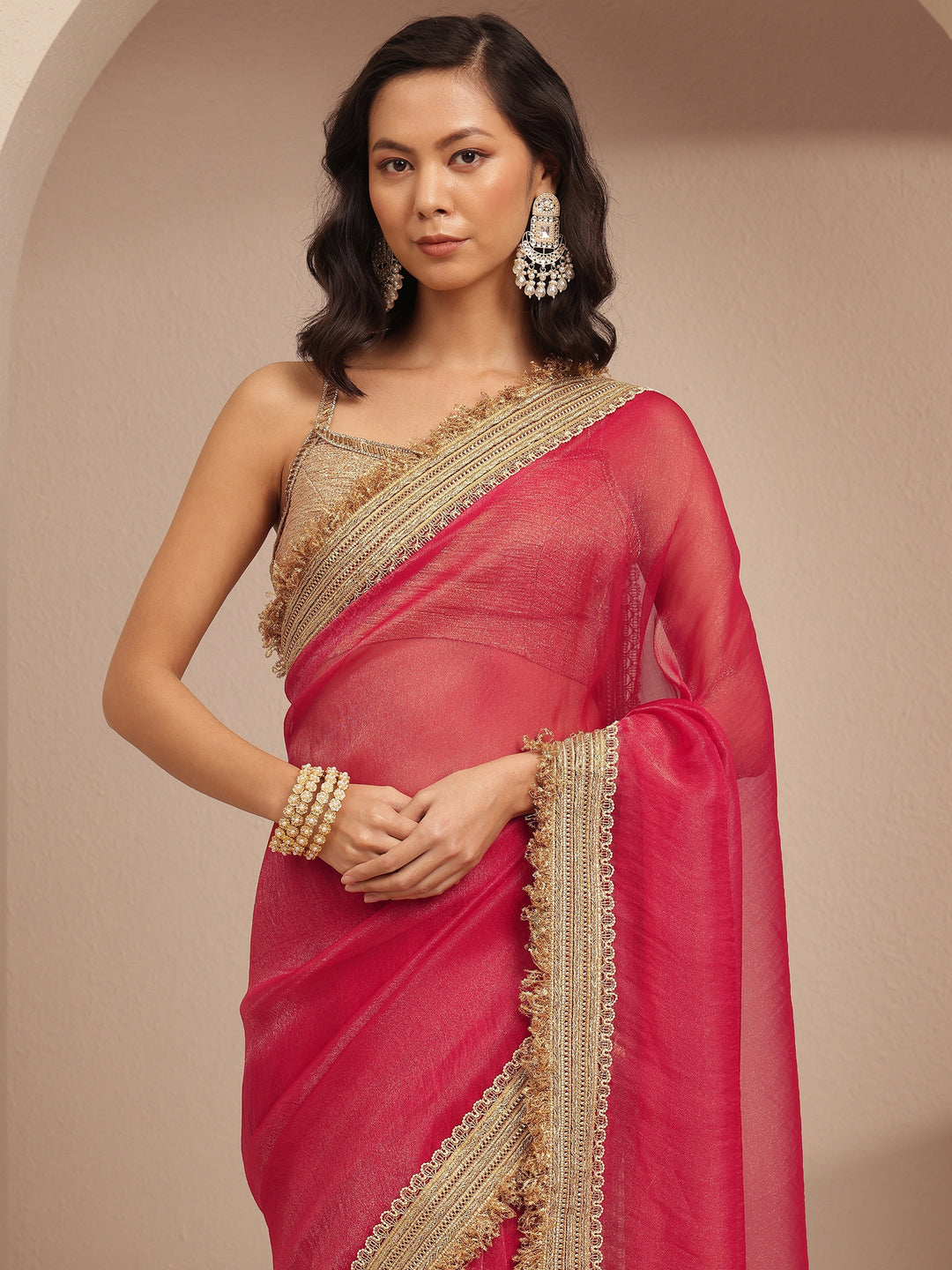  Pink Solid Silk Blend Saree With Unstitched Blouse Piece 