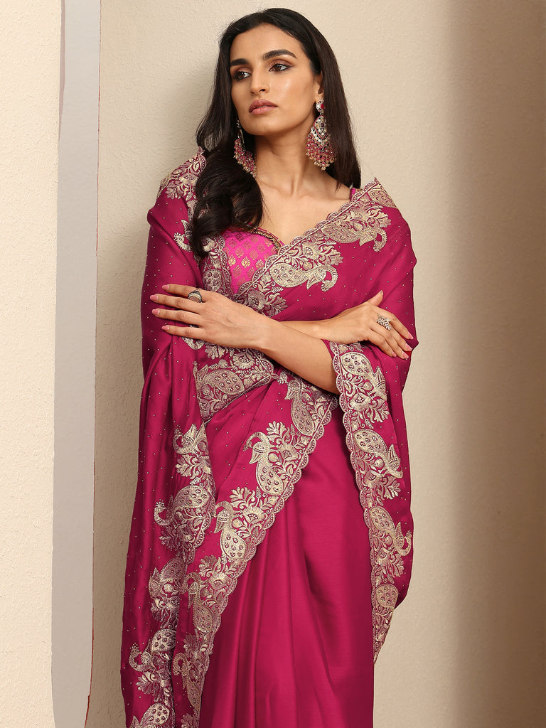Libas Magenta Embellished Silk Blend Saree With Unstitched Blouse Piece