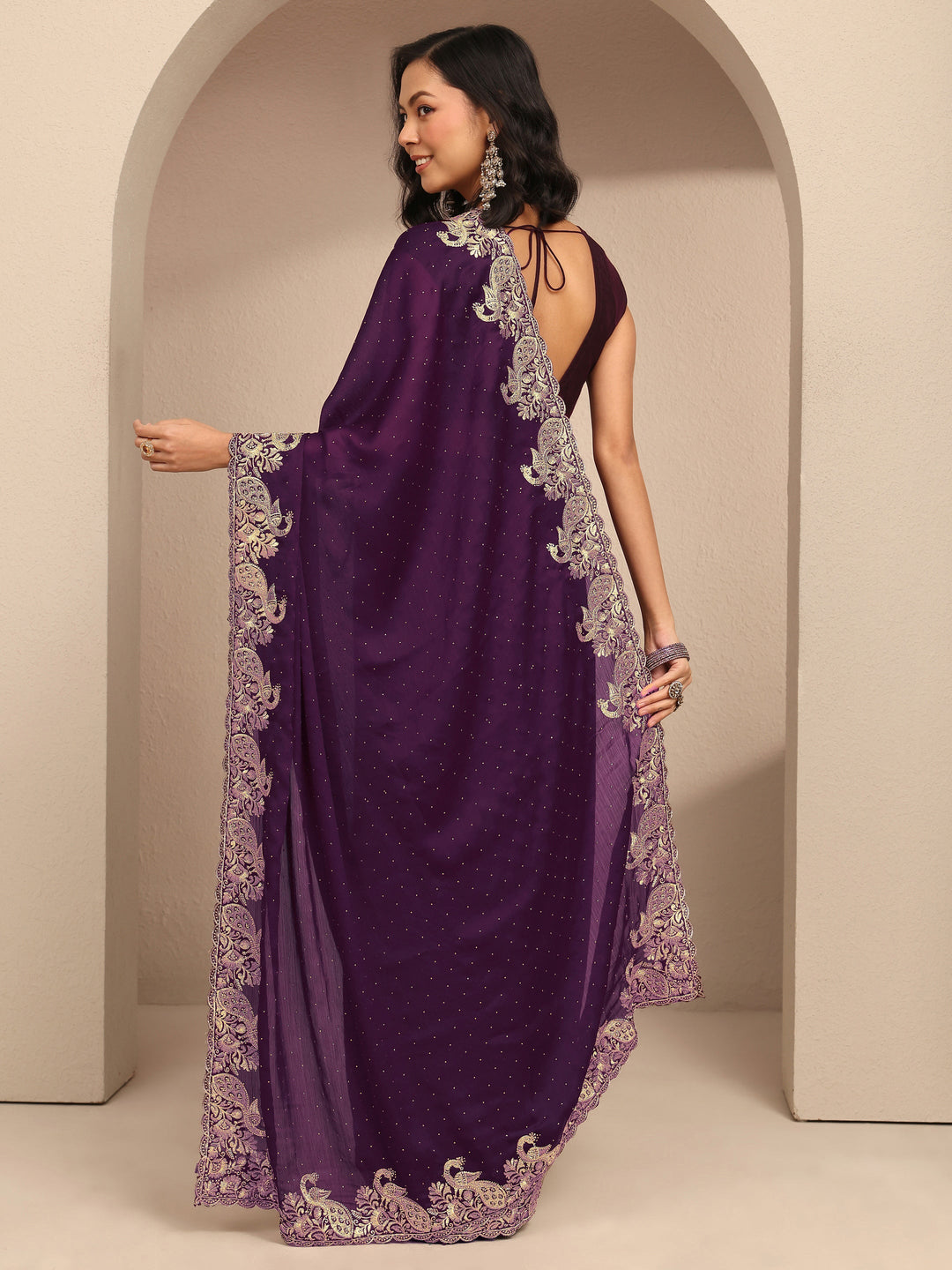  Purple Embellished Silk Blend Saree With Unstitched Blouse Piece 