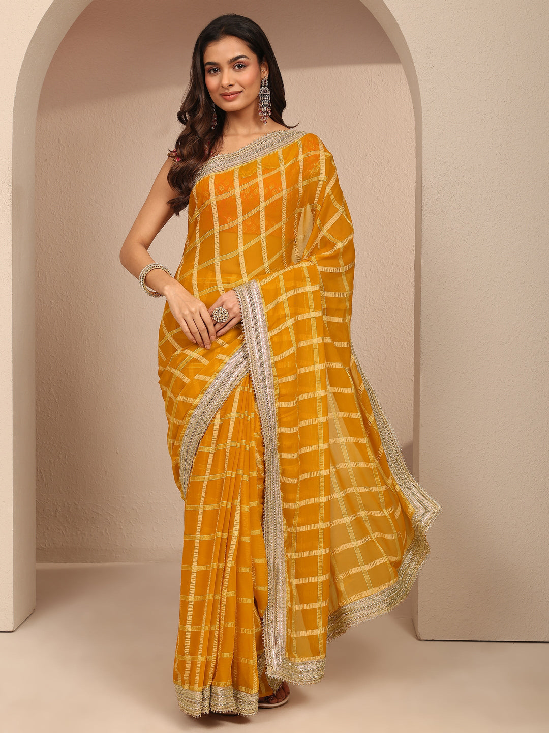  Mustard Geometric Woven Design Silk Blend Saree With Unstitched Blouse Piece 
