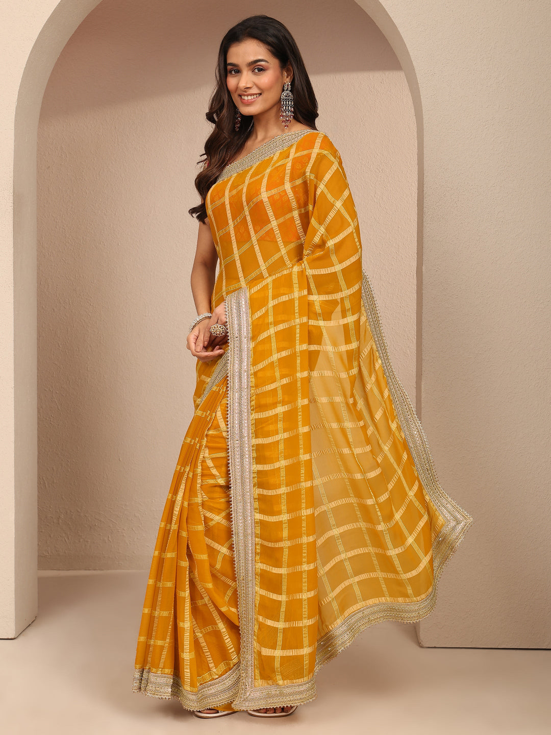  Mustard Geometric Woven Design Silk Blend Saree With Unstitched Blouse Piece 
