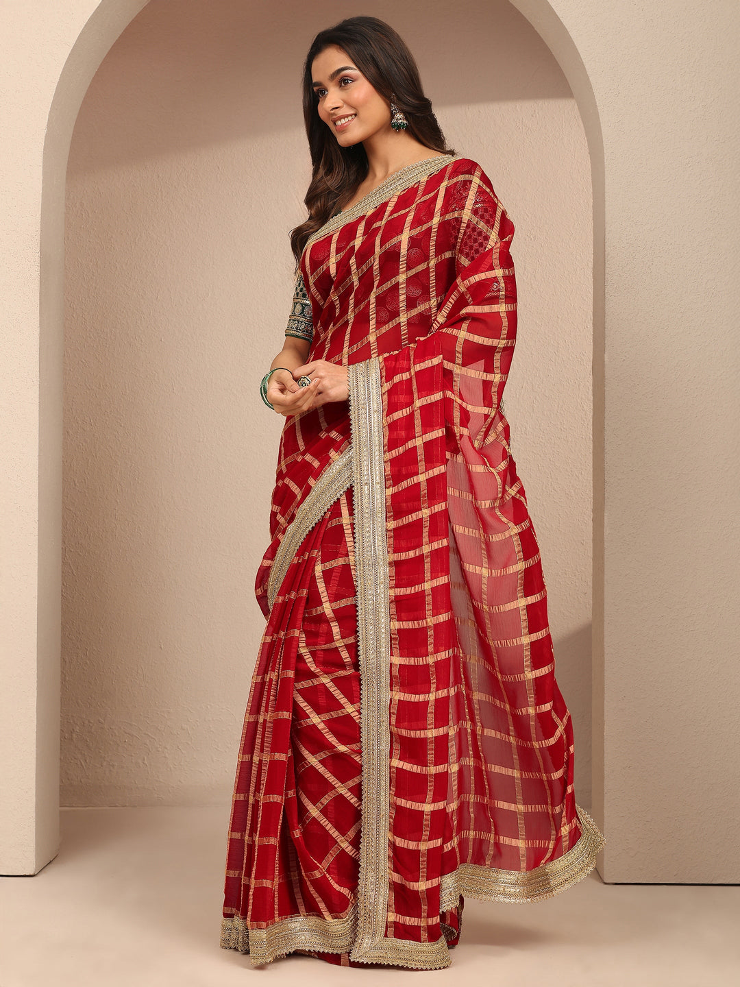  Red Geometric Woven Design Silk Blend Saree With Unstitched Blouse Piece 