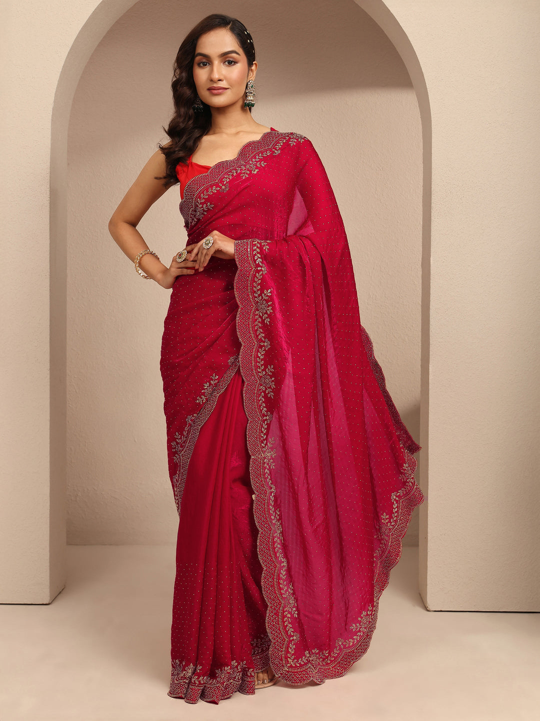  Red Embellished Silk Blend Saree With Unstitched Blouse Piece 