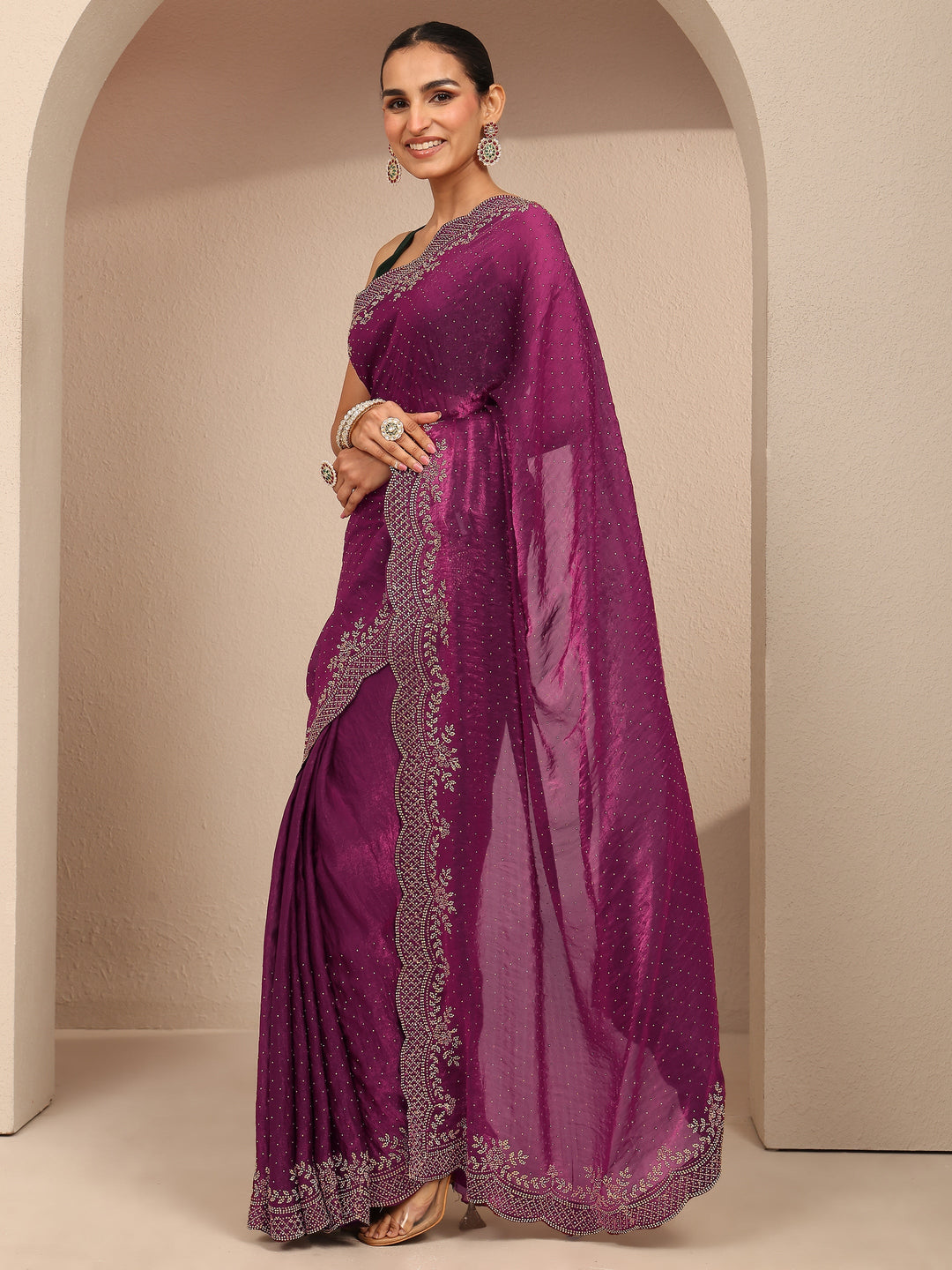  Burgundy Embellished Silk Blend Saree With Unstitched Blouse Piece 