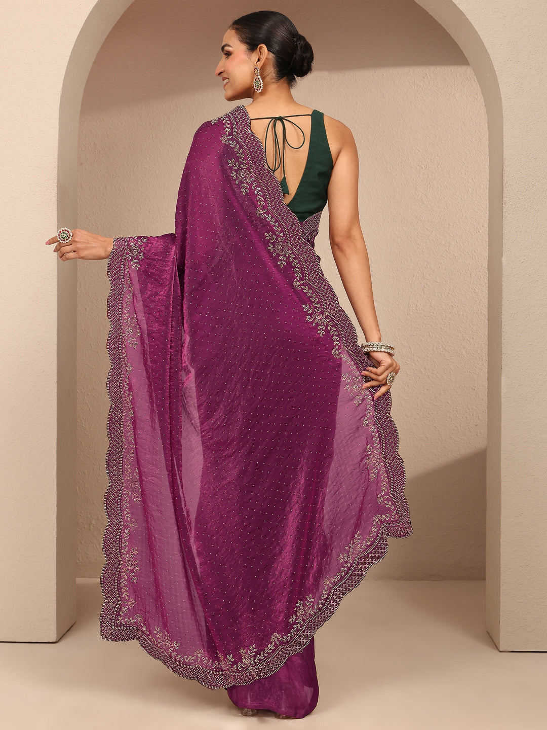  Burgundy Embellished Silk Blend Saree With Unstitched Blouse Piece 
