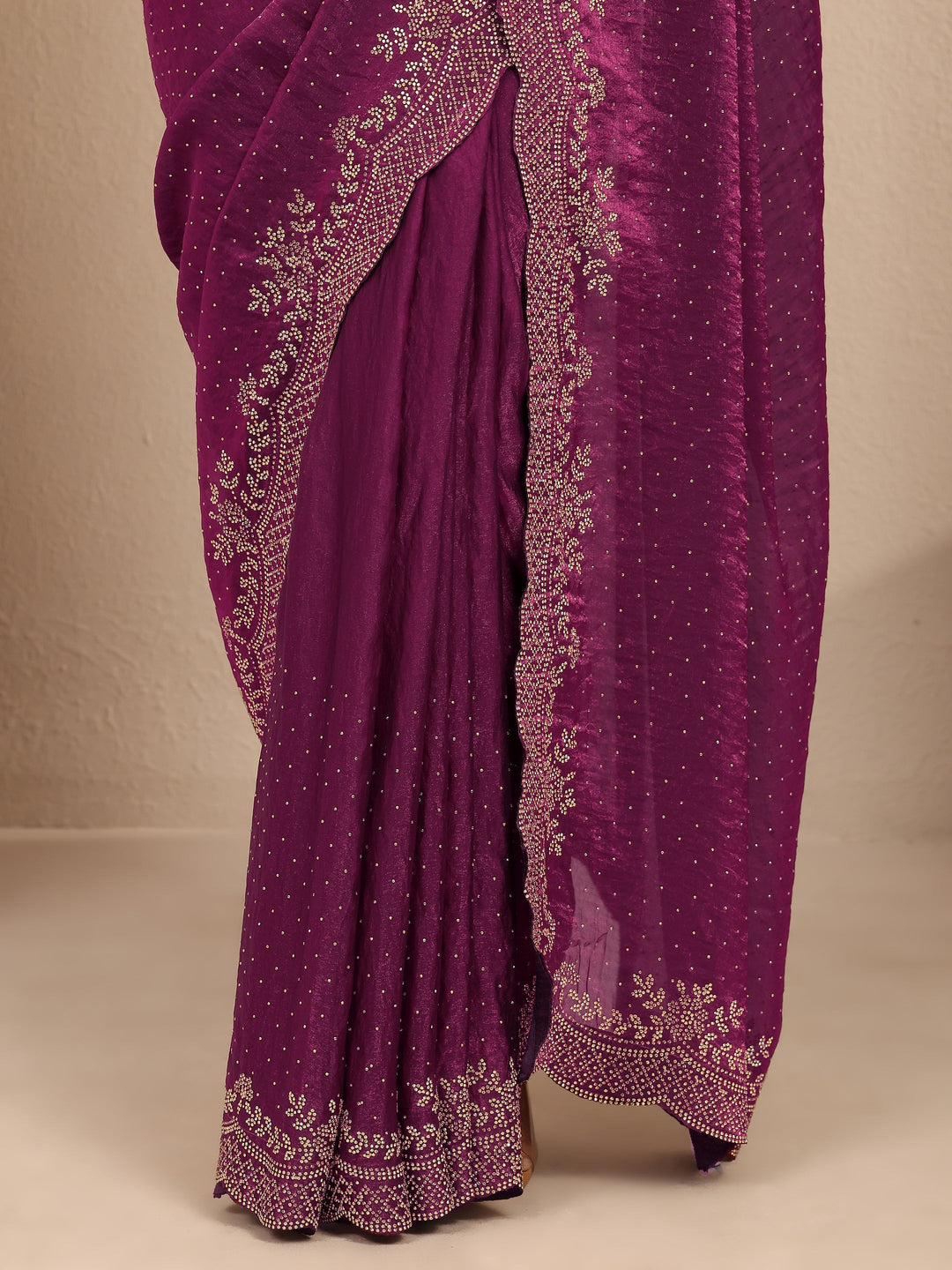  Burgundy Embellished Silk Blend Saree With Unstitched Blouse Piece 