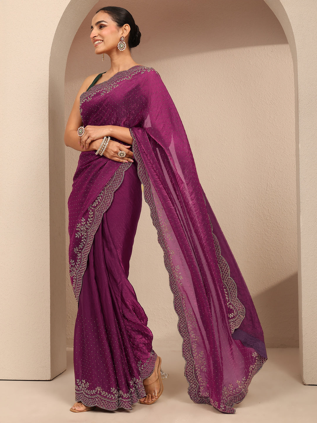  Burgundy Embellished Silk Blend Saree With Unstitched Blouse Piece 