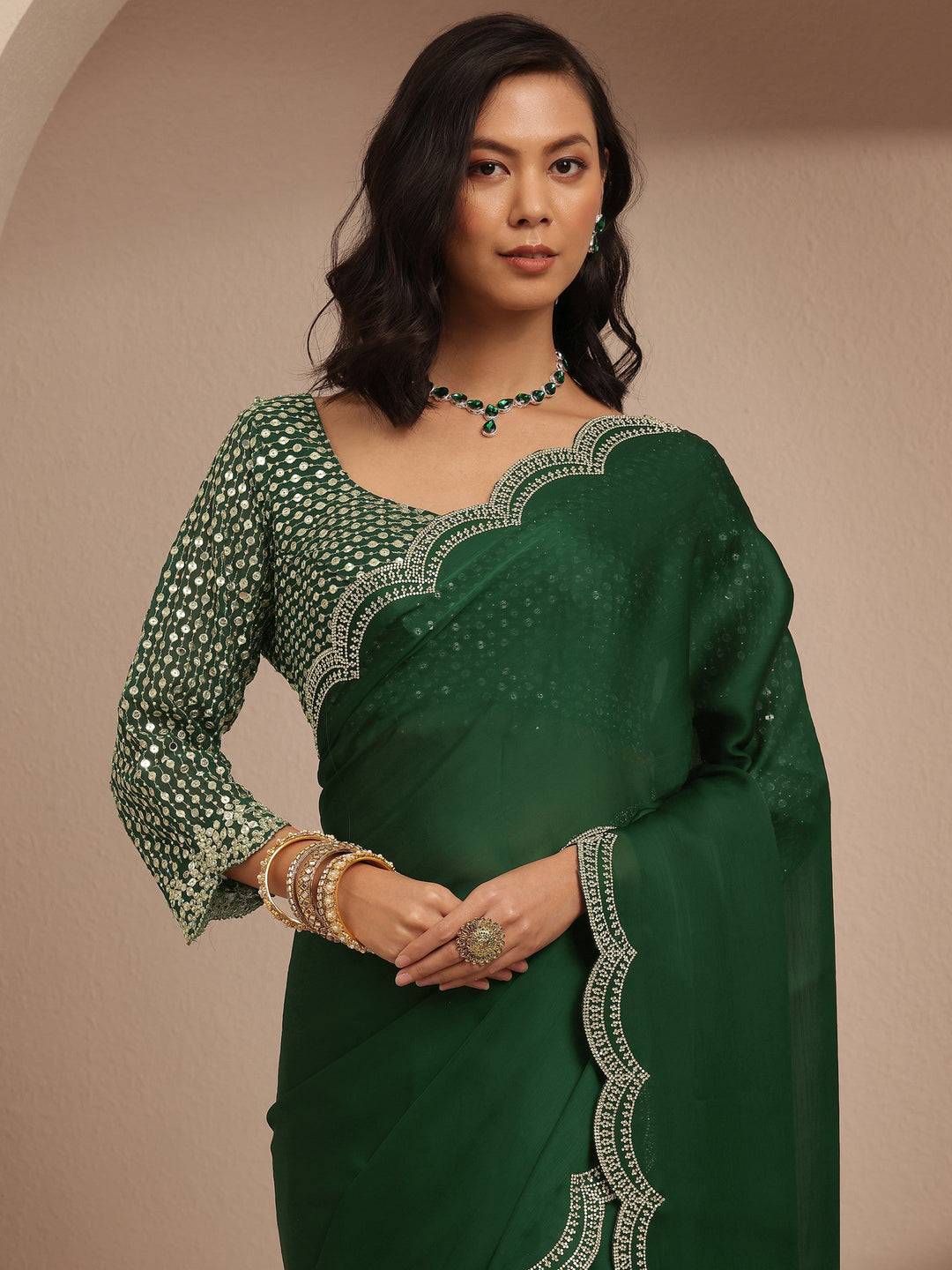  Green Solid Silk Blend Saree With Unstitched Blouse Piece 