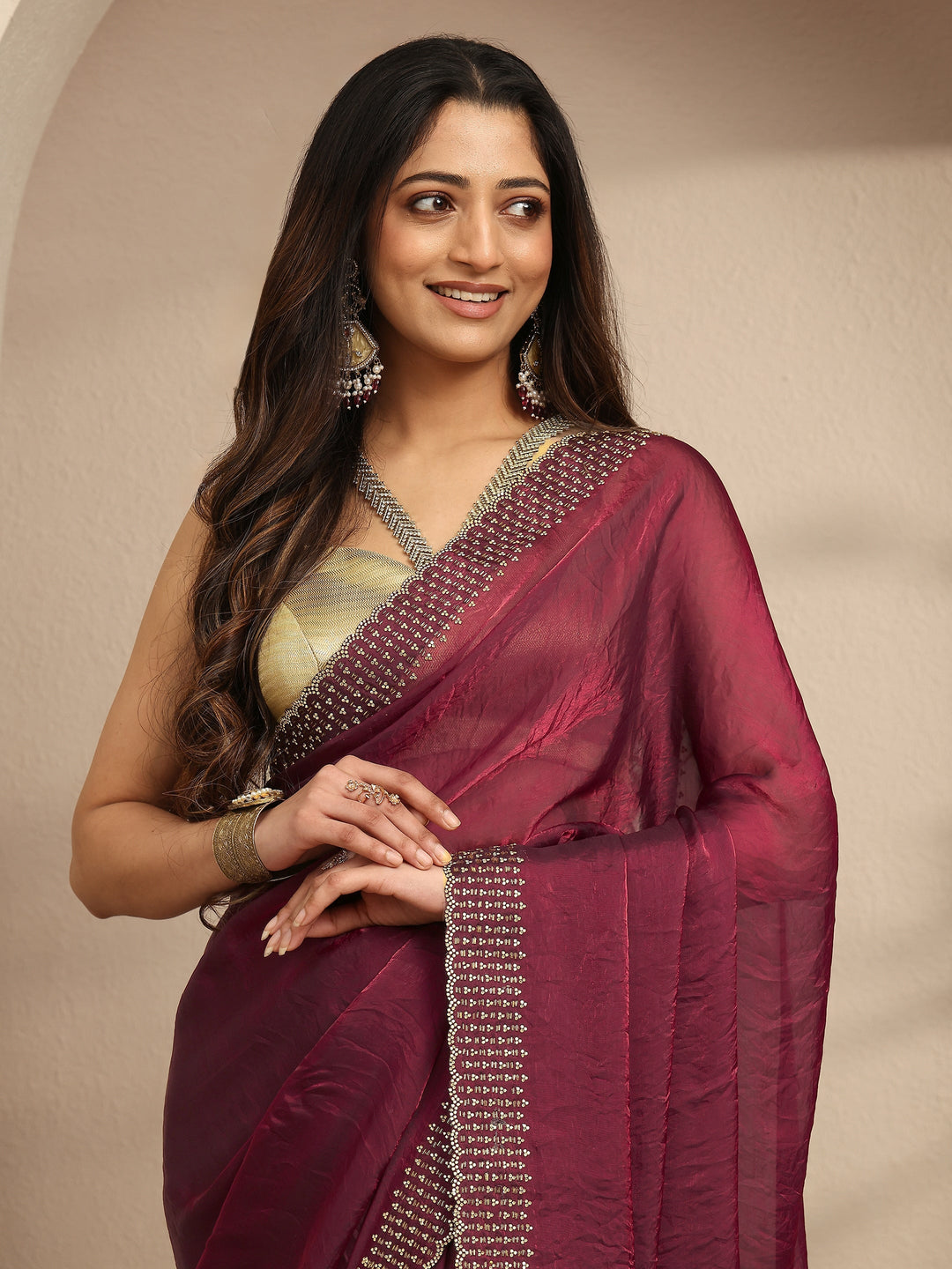  Maroon Embellished Silk Blend Saree With Unstitched Blouse Piece 