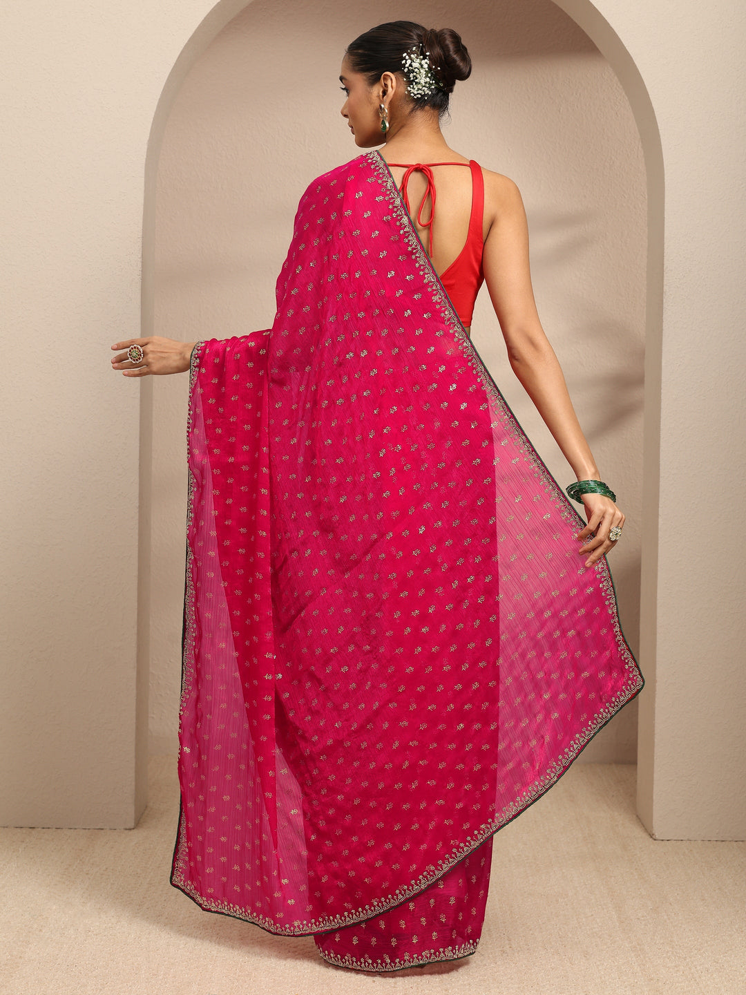  Pink Floral Printed Silk Blend Saree With Unstitched Blouse Piece 