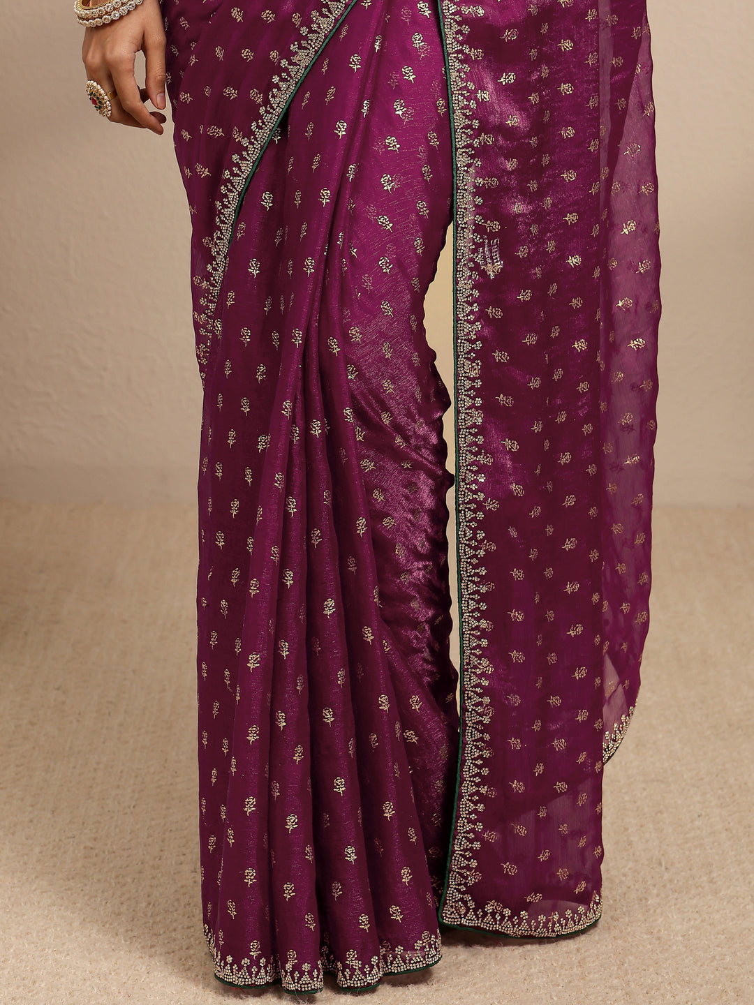  Burgundy Floral Printed Silk Blend Saree With Unstitched Blouse Piece 