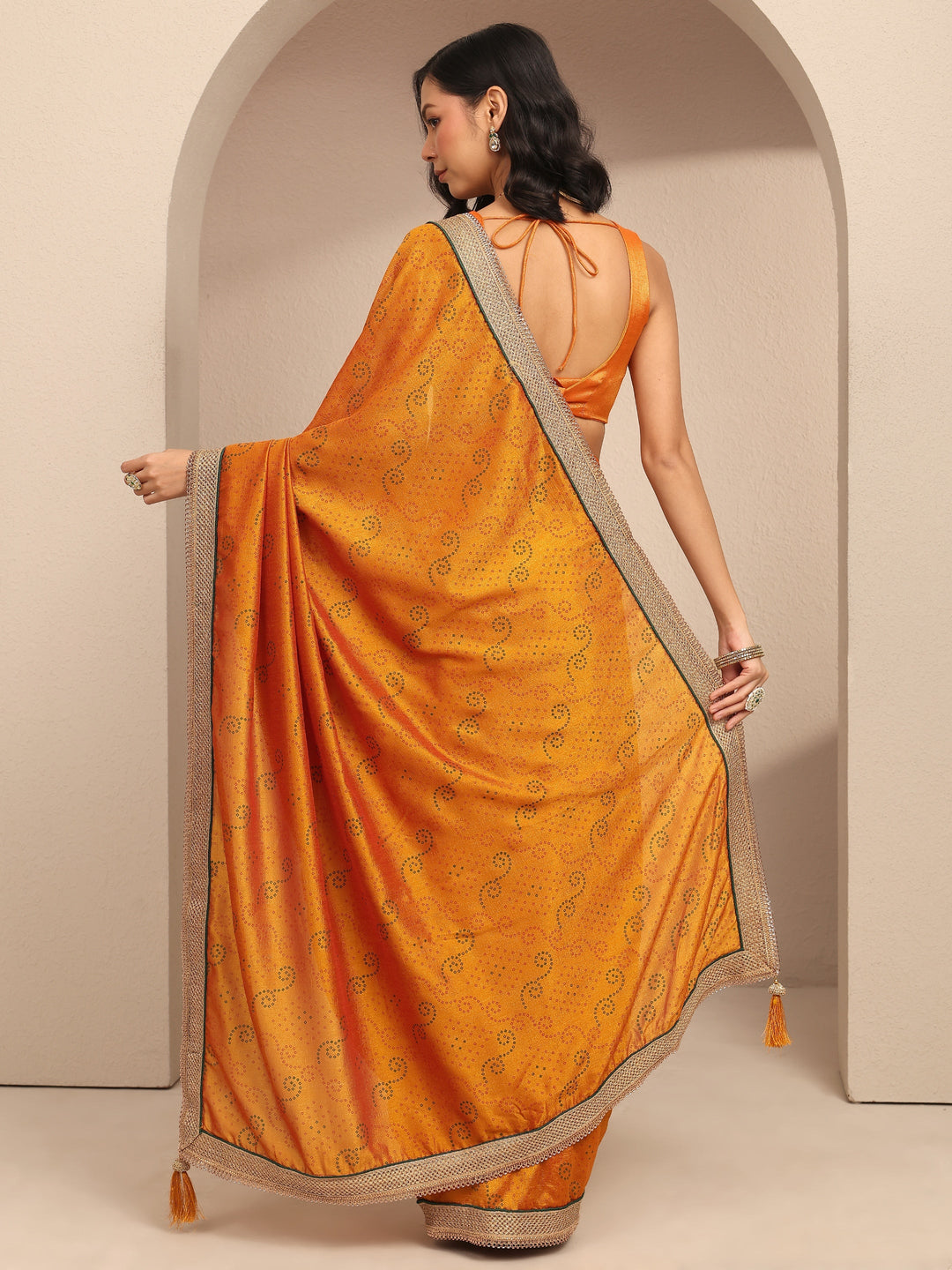  Mustard Bandhani Printed Silk Blend Saree With Unstitched Blouse Piece 