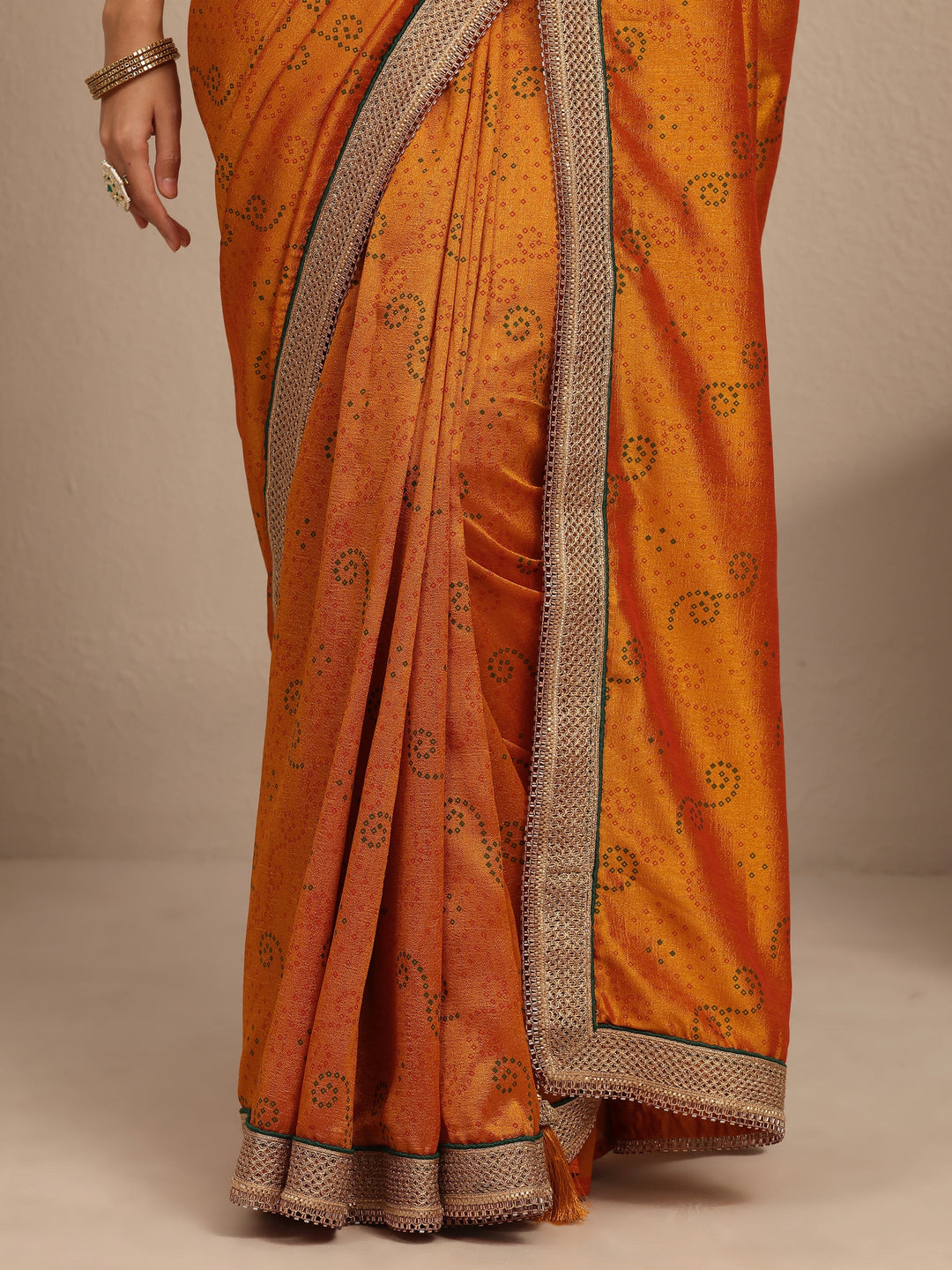 Mustard Bandhani Printed Silk Blend Saree With Unstitched Blouse Piece 