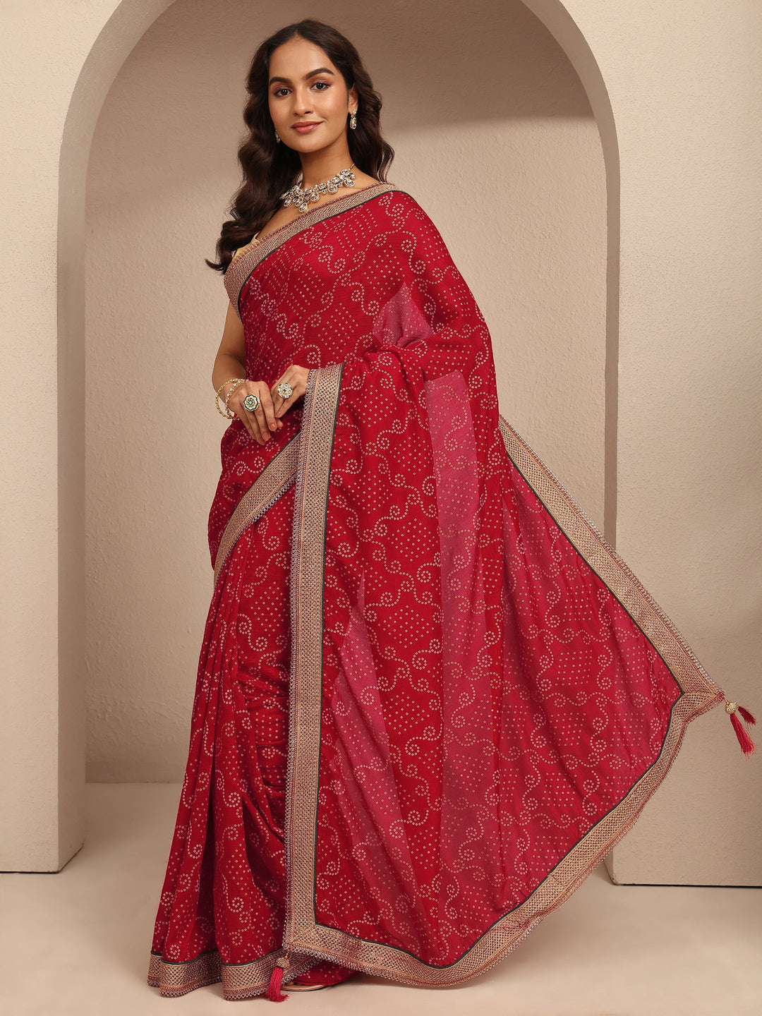  Red Bandhani Printed Silk Blend Saree With Unstitched Blouse Piece 