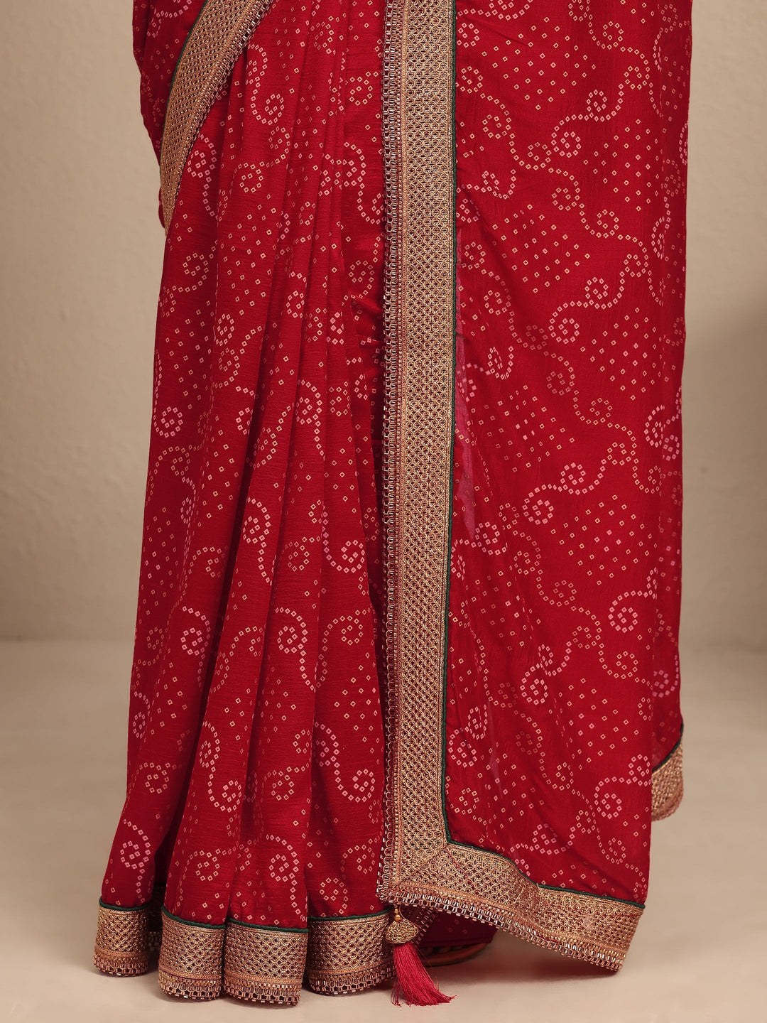  Red Bandhani Printed Silk Blend Saree With Unstitched Blouse Piece 