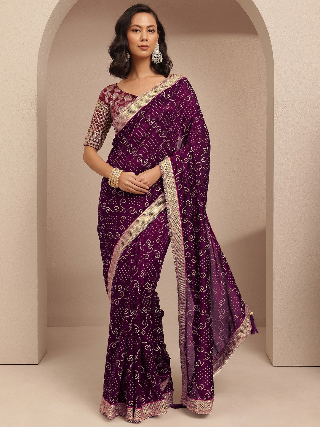  Purple Bandhani Printed Silk Blend Saree With Unstitched Blouse Piece 