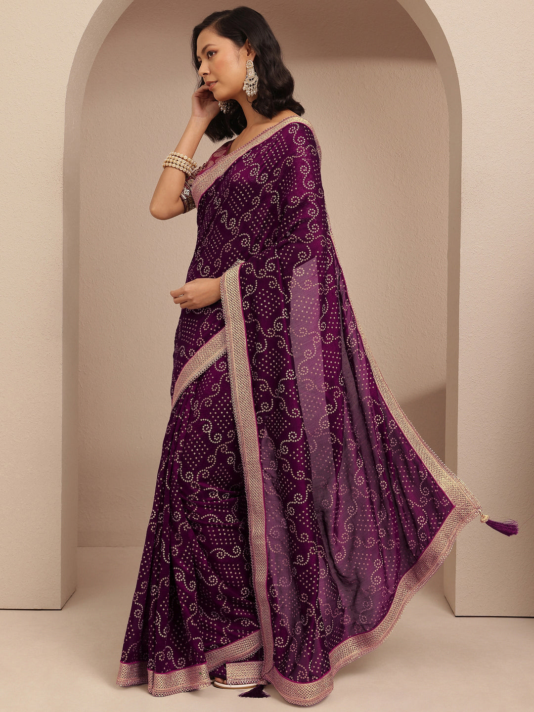  Purple Bandhani Printed Silk Blend Saree With Unstitched Blouse Piece 