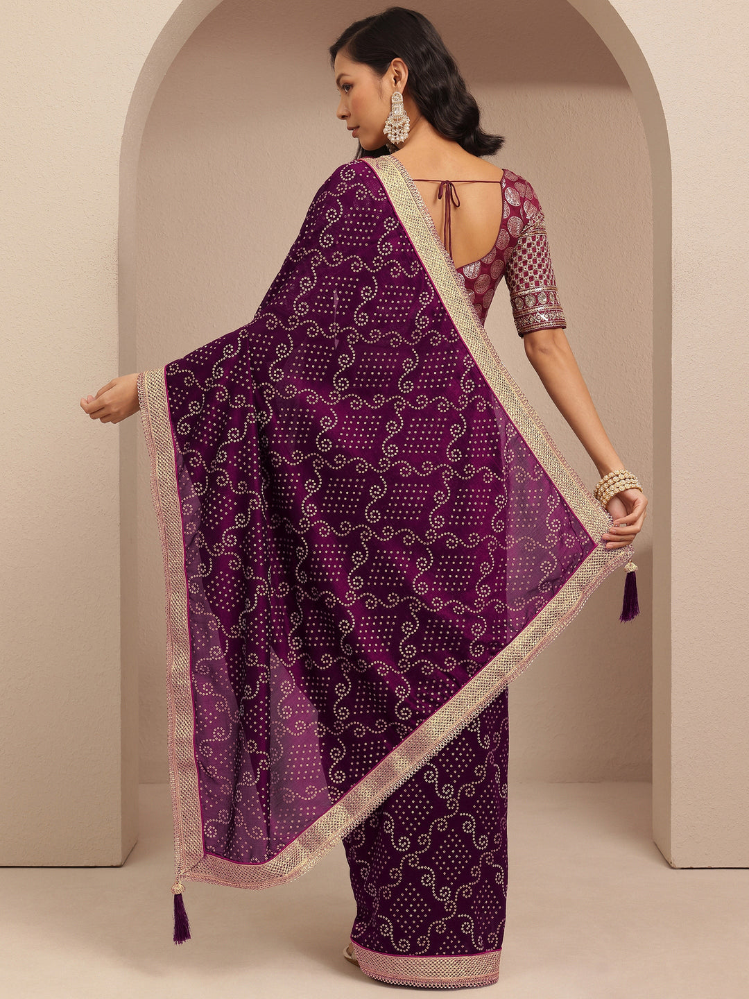  Purple Bandhani Printed Silk Blend Saree With Unstitched Blouse Piece 