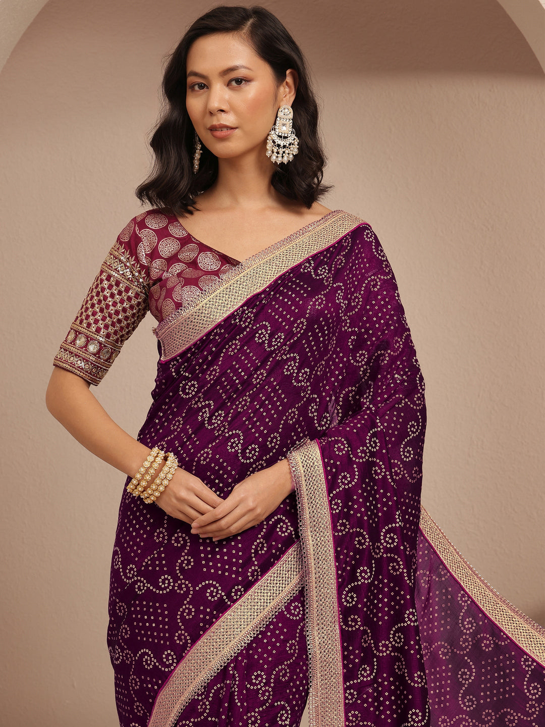  Purple Bandhani Printed Silk Blend Saree With Unstitched Blouse Piece 