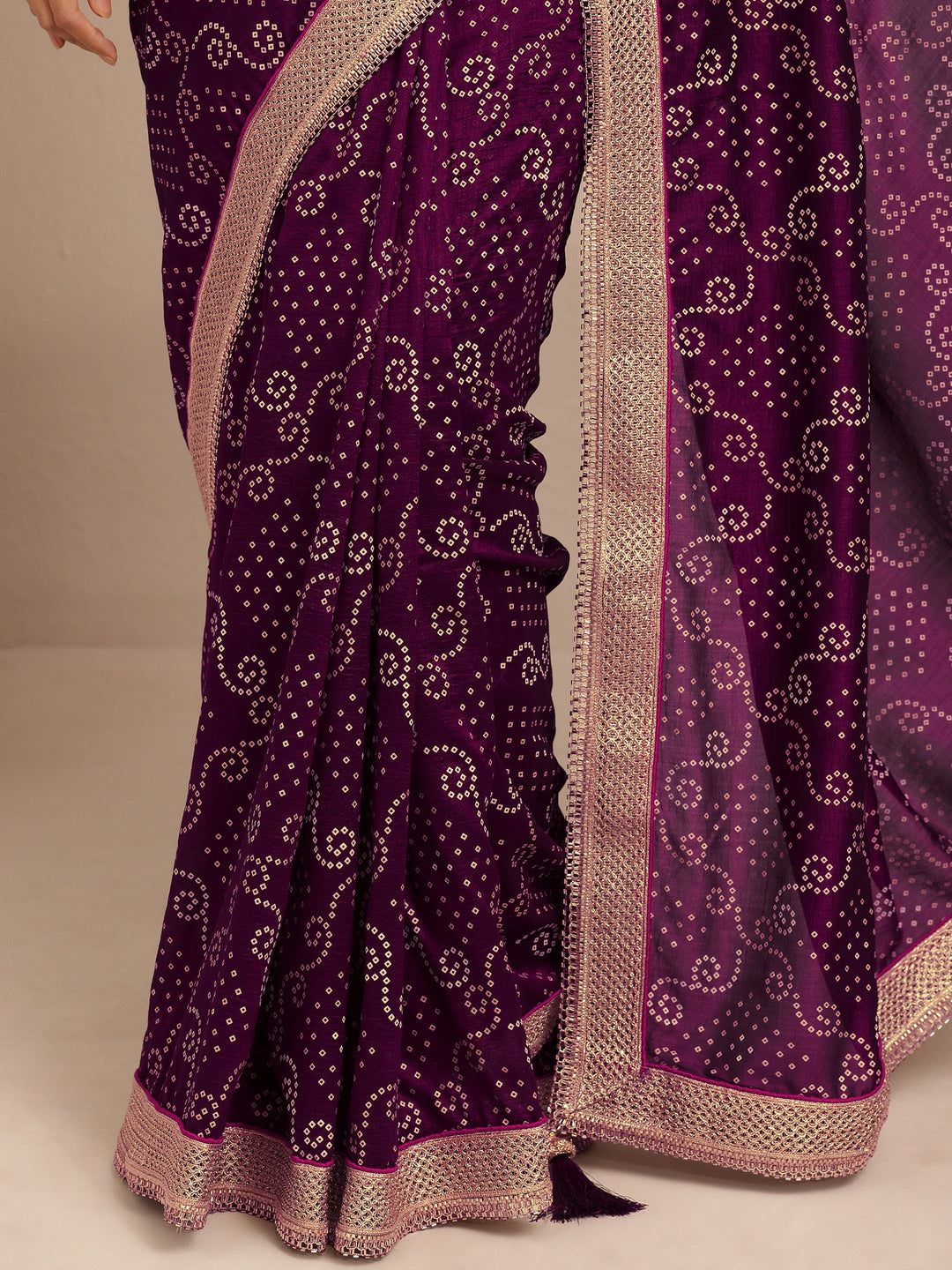  Purple Bandhani Printed Silk Blend Saree With Unstitched Blouse Piece 