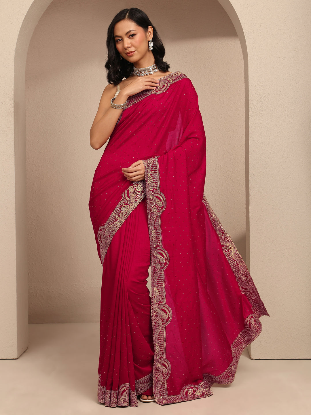  Pink Embellished Silk Blend Saree With Unstitched Blouse Piece 