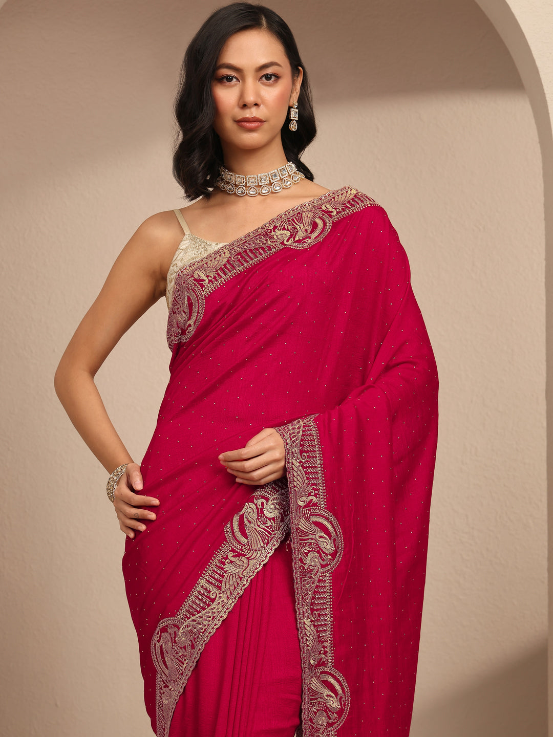 Pink Embellished Silk Blend Saree With Unstitched Blouse Piece 