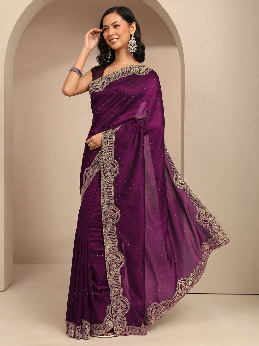  Purple Embellished Silk Blend Saree With Unstitched Blouse Piece 