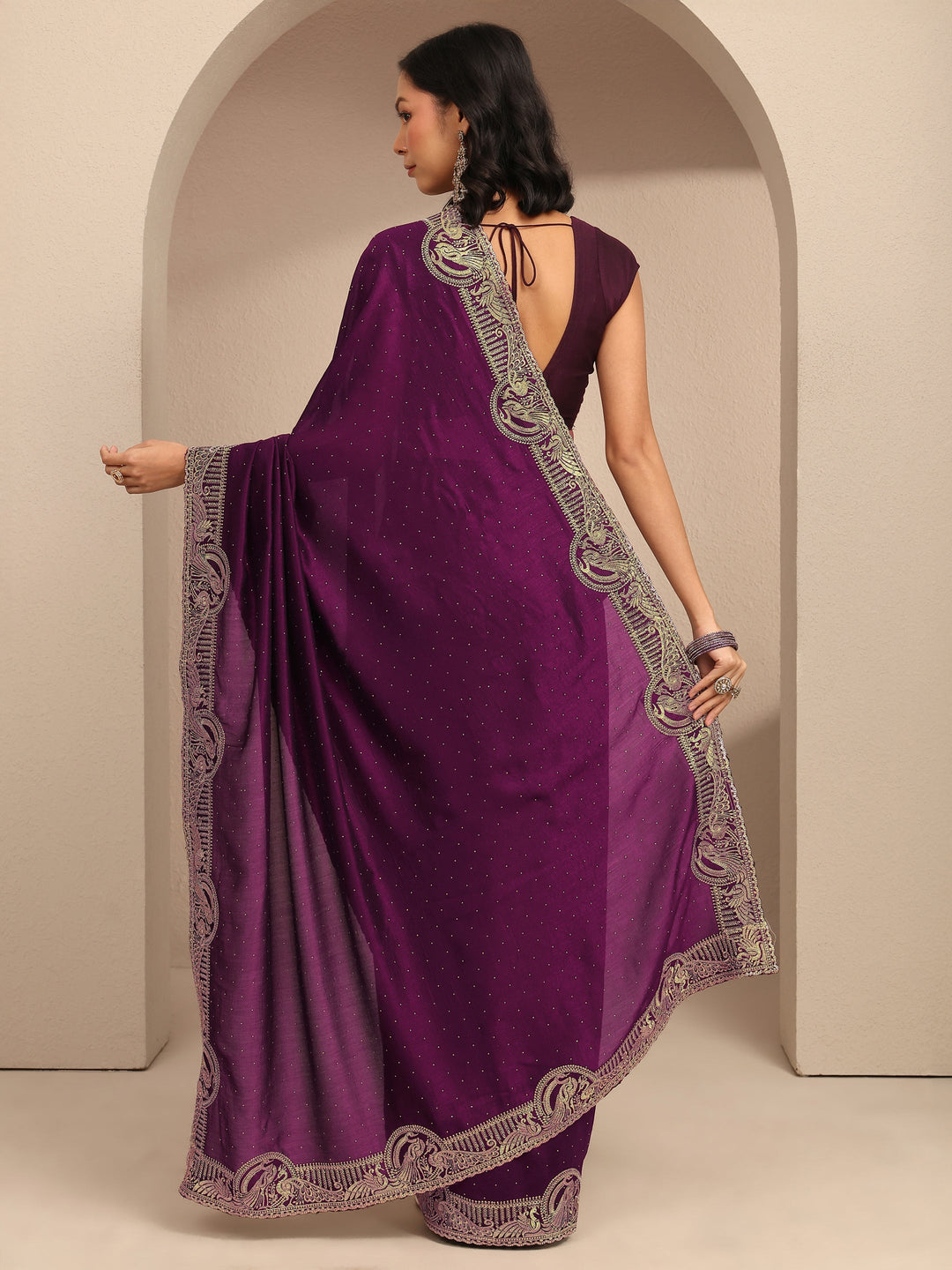  Purple Embellished Silk Blend Saree With Unstitched Blouse Piece 