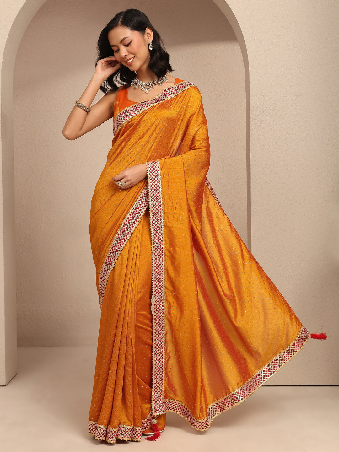  Mustard Embellished Silk Blend Saree With Unstitched Blouse Piece 