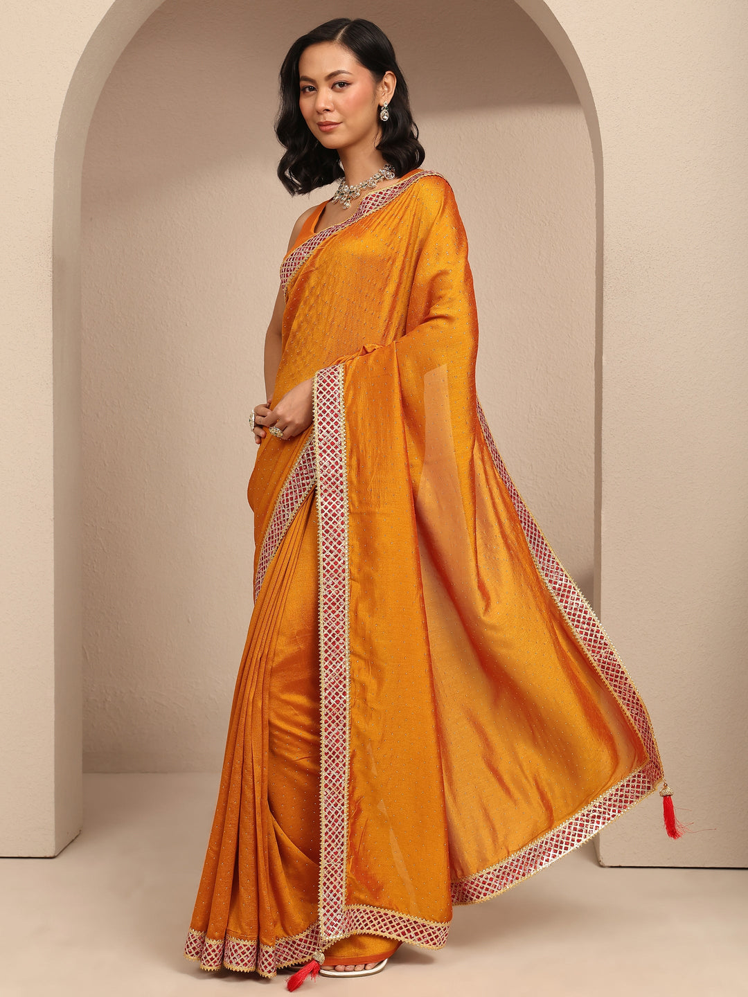 Mustard Embellished Silk Blend Saree With Unstitched Blouse Piece 