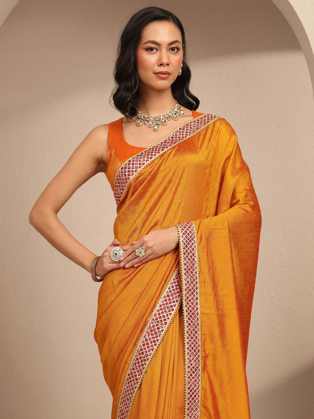  Mustard Embellished Silk Blend Saree With Unstitched Blouse Piece 