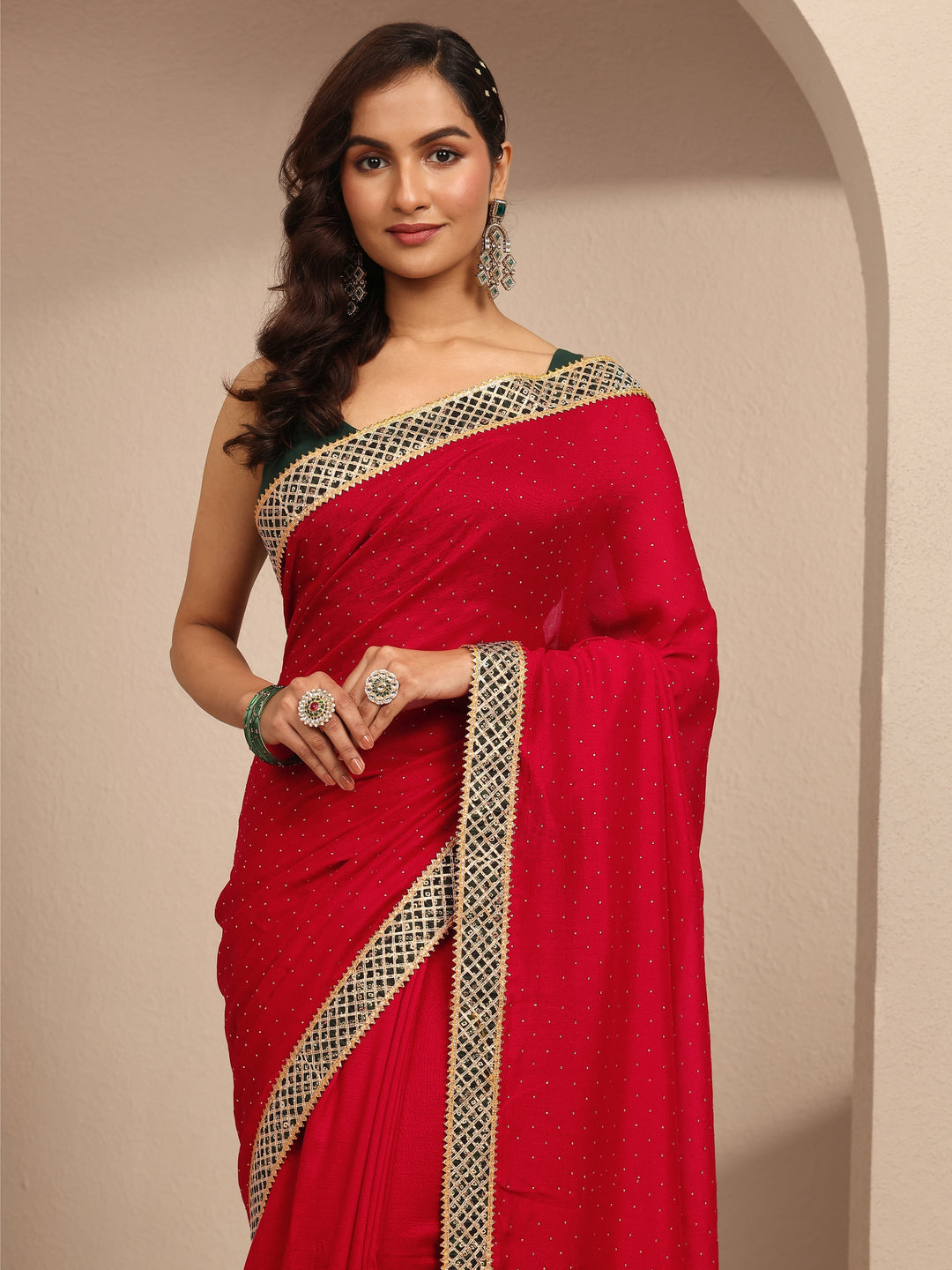  Red Embellished Silk Blend Saree With Unstitched Blouse Piece 