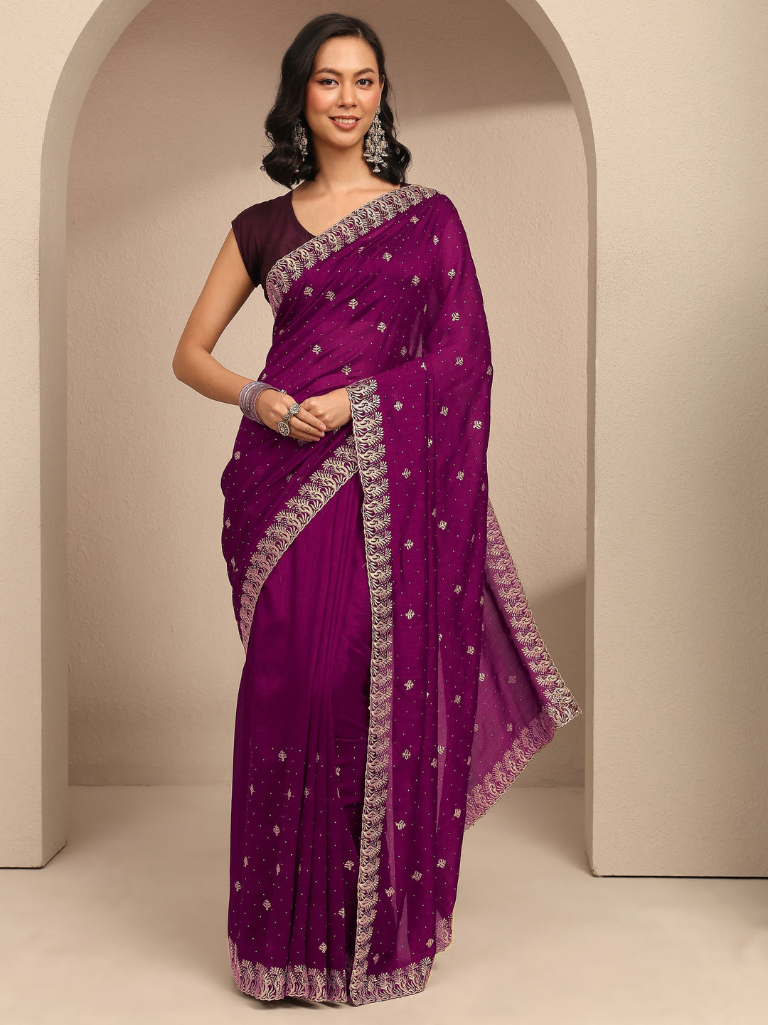  Purple Embroidered Silk Blend Saree With Unstitched Blouse Piece 