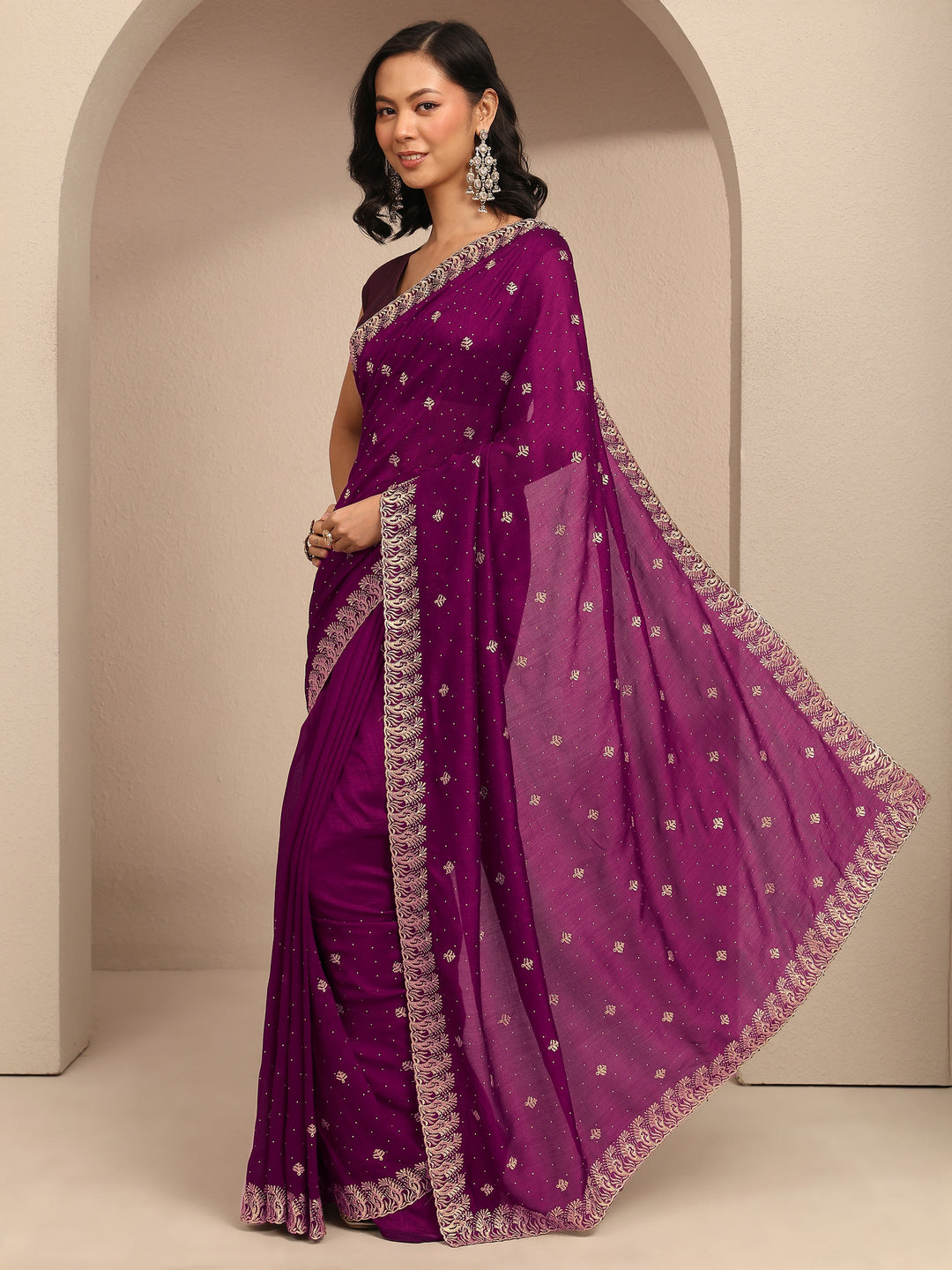  Purple Embroidered Silk Blend Saree With Unstitched Blouse Piece 