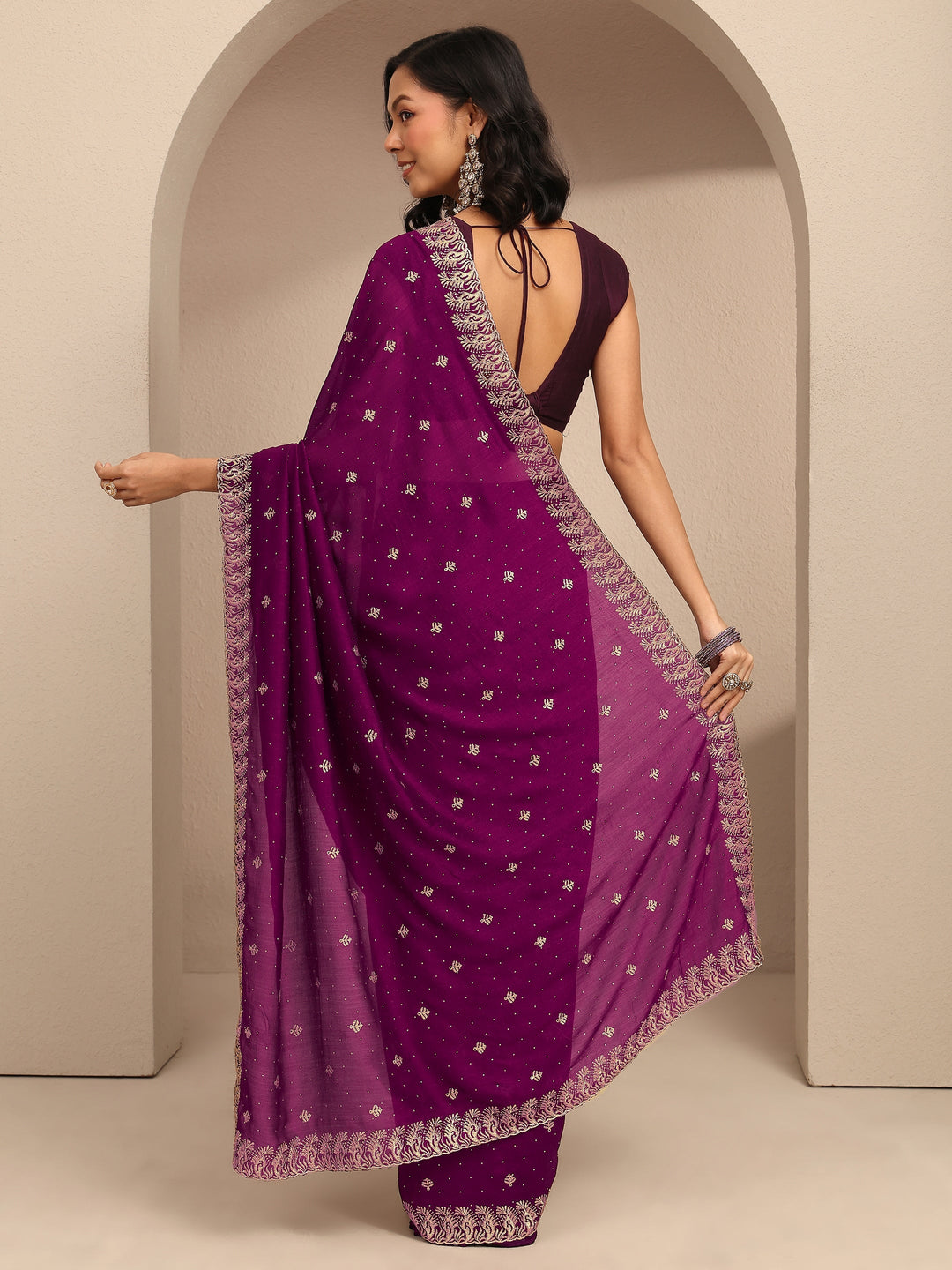  Purple Embroidered Silk Blend Saree With Unstitched Blouse Piece 