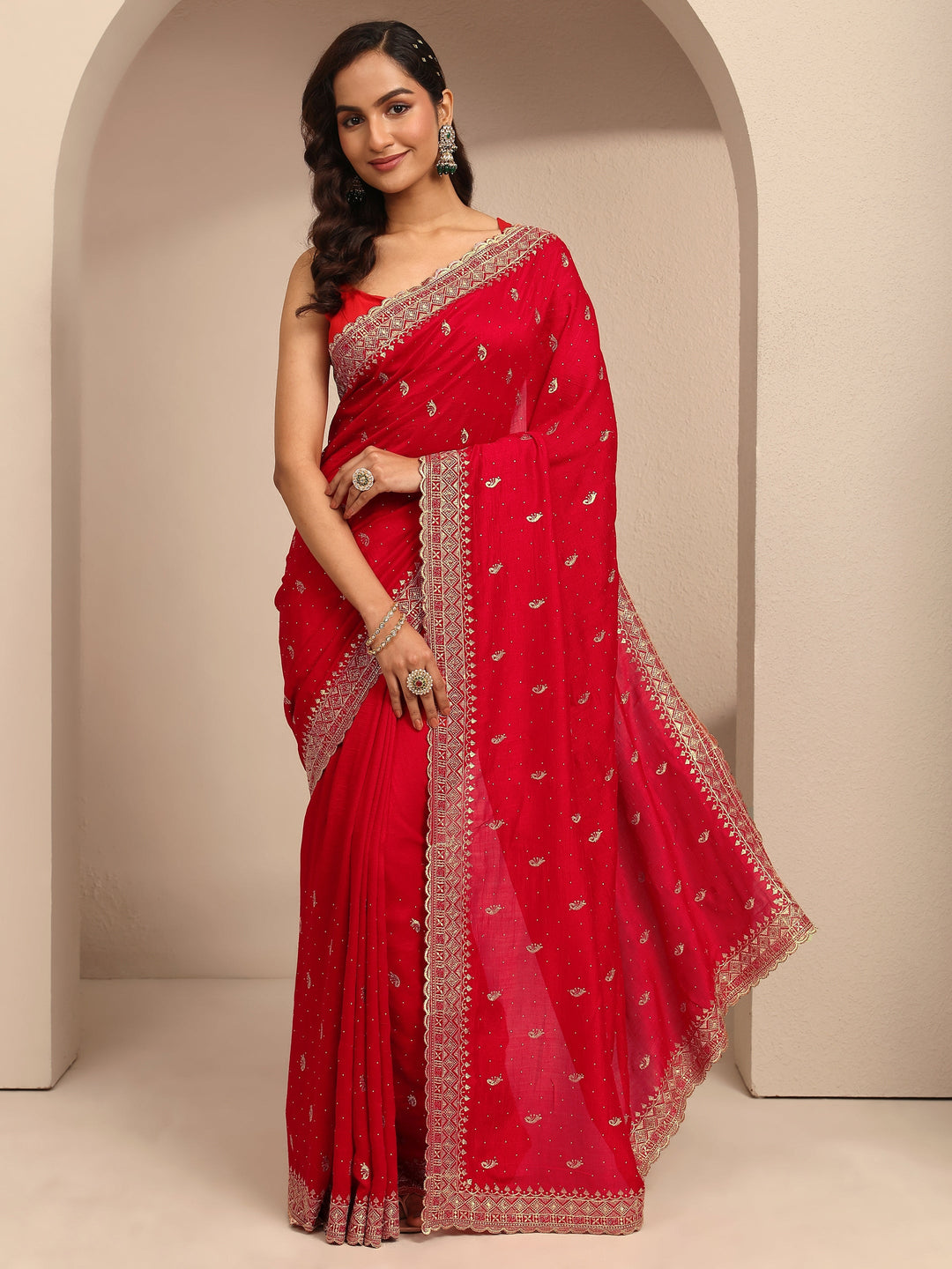  Red Paisley Embroidered Silk Blend Saree With Unstitched Blouse Piece 