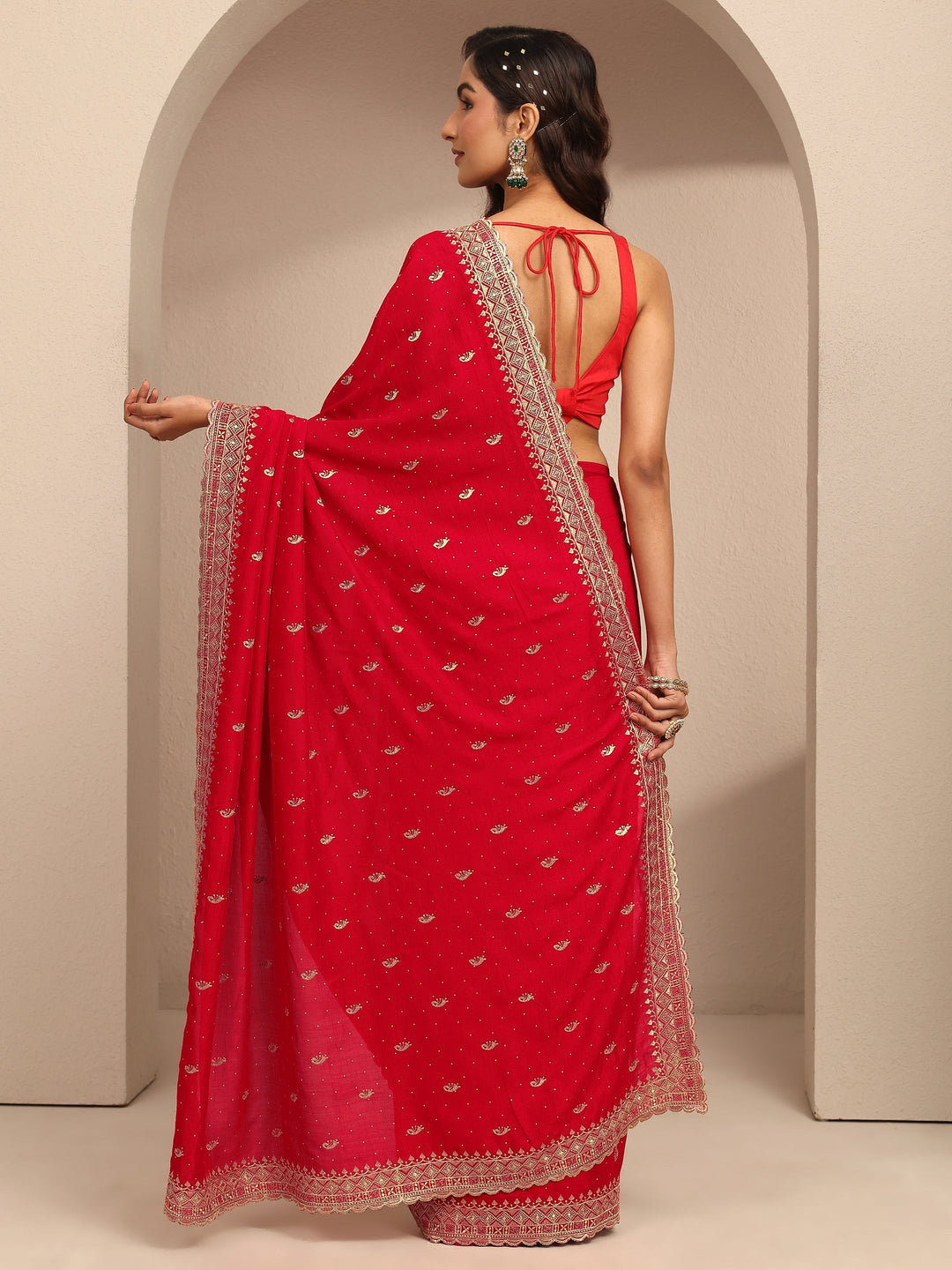  Red Paisley Embroidered Silk Blend Saree With Unstitched Blouse Piece 