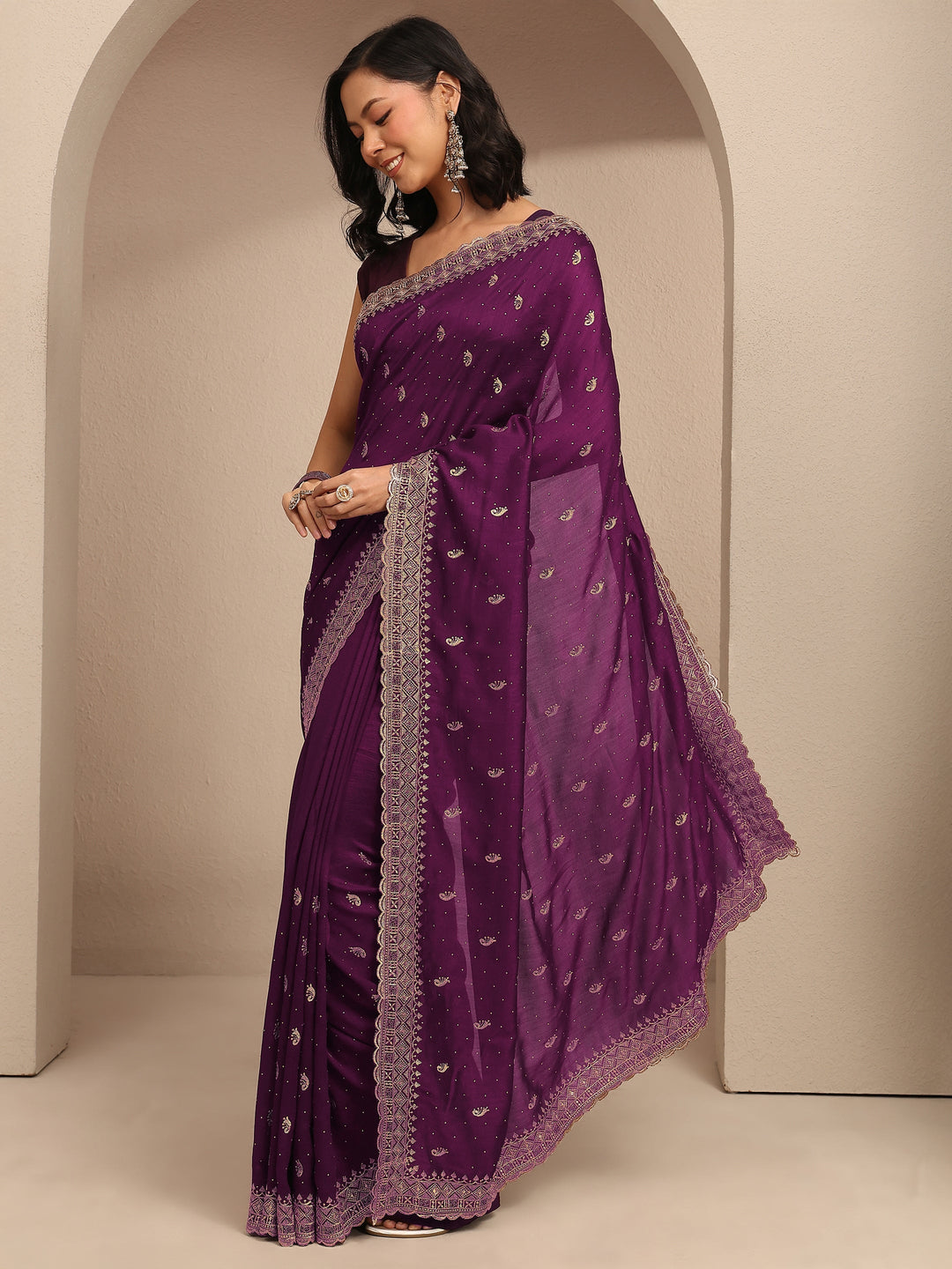  Burgundy Paisley Embroidered Silk Blend Saree With Unstitched Blouse Piece 