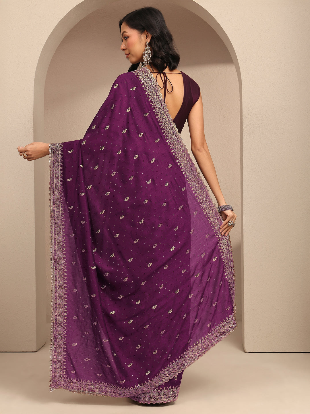  Burgundy Paisley Embroidered Silk Blend Saree With Unstitched Blouse Piece 