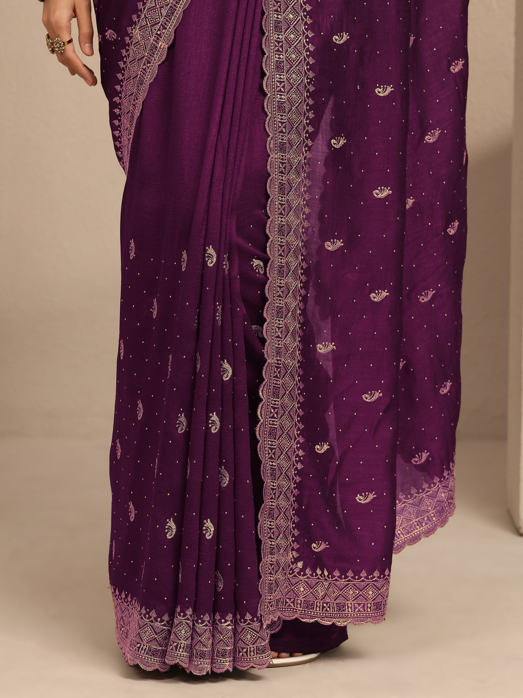  Burgundy Paisley Embroidered Silk Blend Saree With Unstitched Blouse Piece 