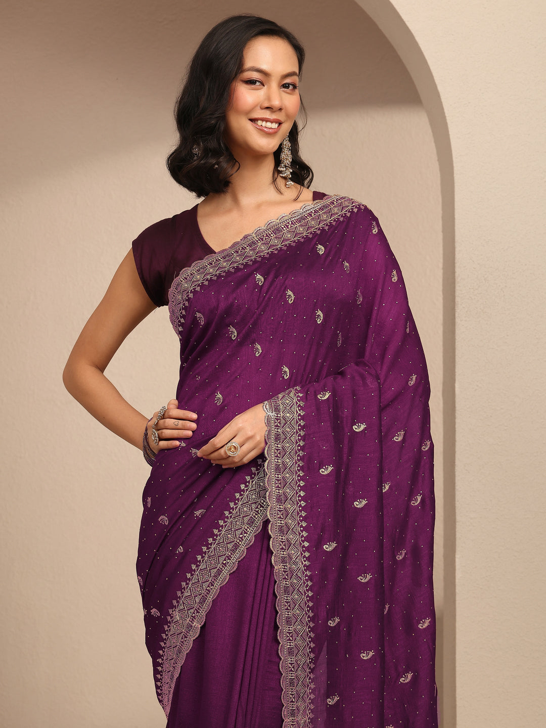  Burgundy Paisley Embroidered Silk Blend Saree With Unstitched Blouse Piece 