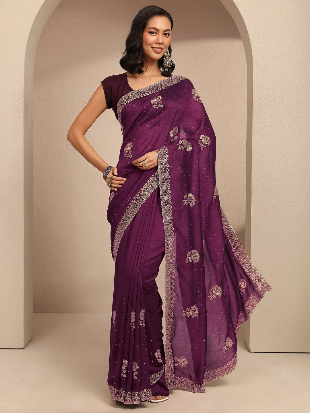  Burgundy Embroidered Silk Blend Saree With Unstitched Blouse Piece 