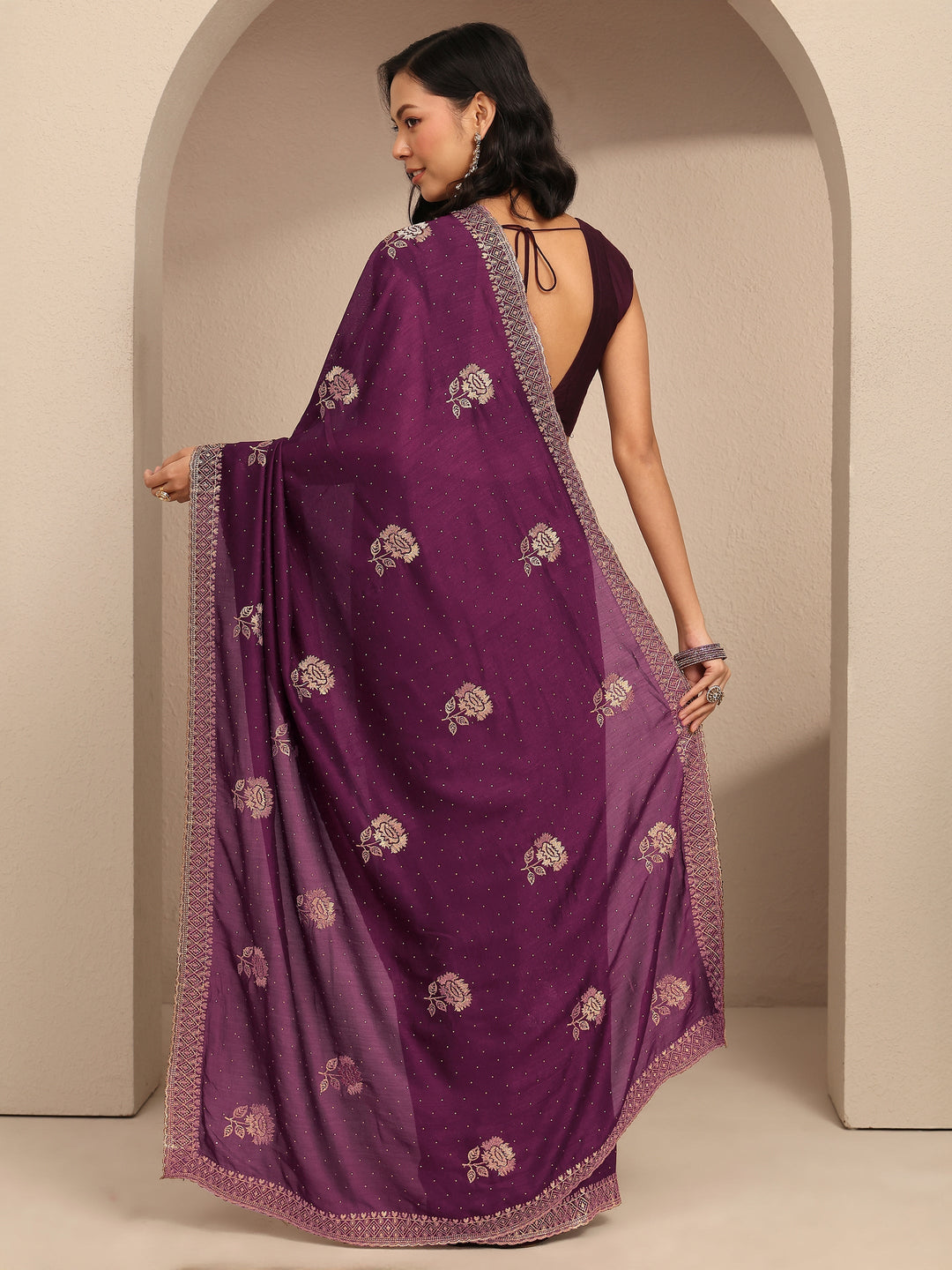  Burgundy Embroidered Silk Blend Saree With Unstitched Blouse Piece 