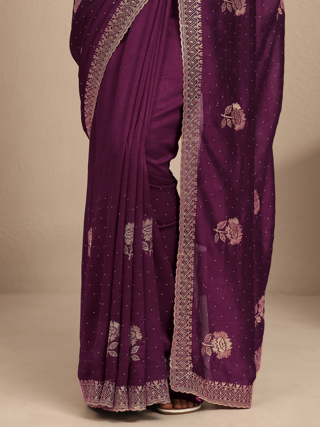  Burgundy Embroidered Silk Blend Saree With Unstitched Blouse Piece 