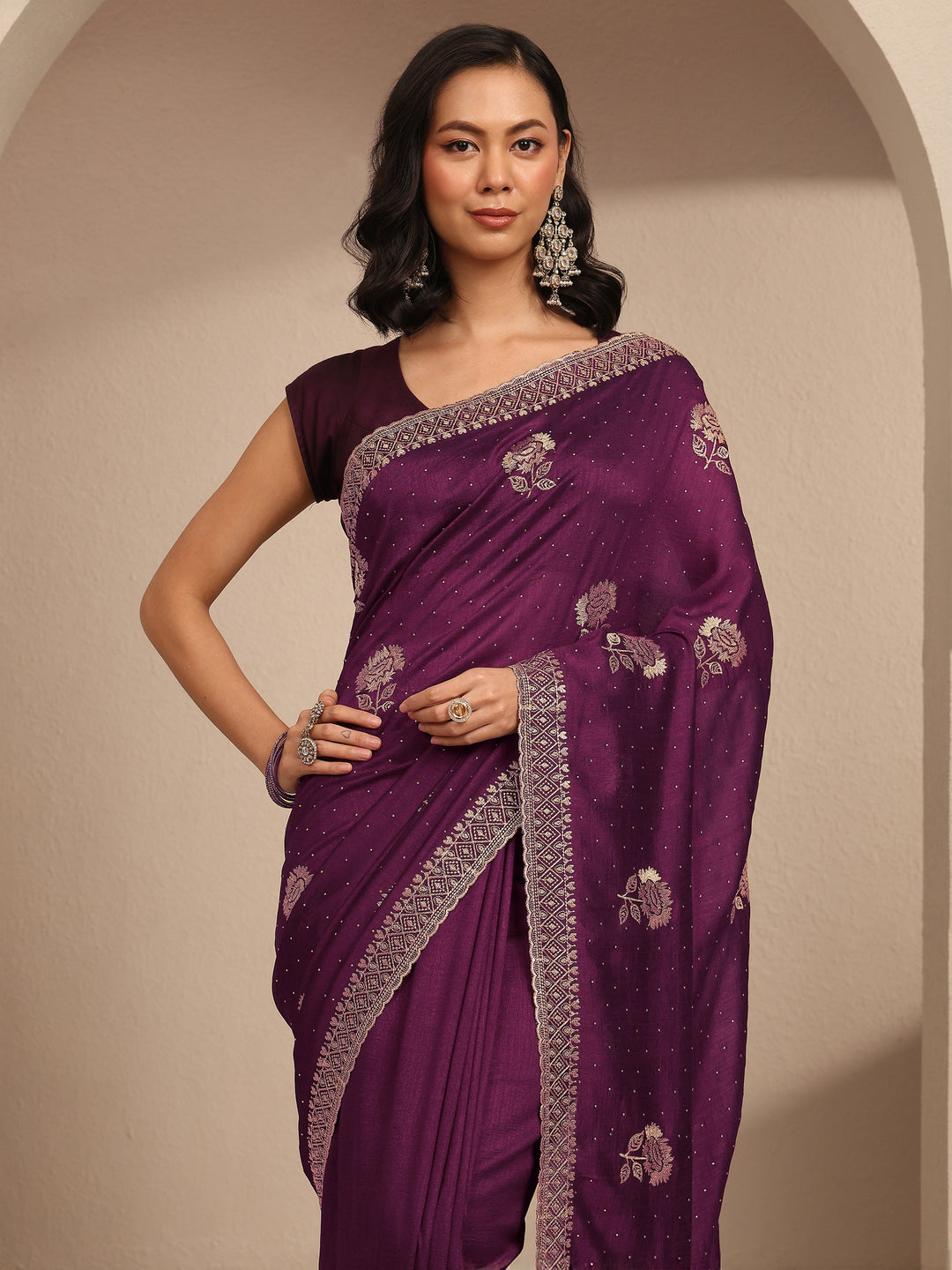  Burgundy Embroidered Silk Blend Saree With Unstitched Blouse Piece 
