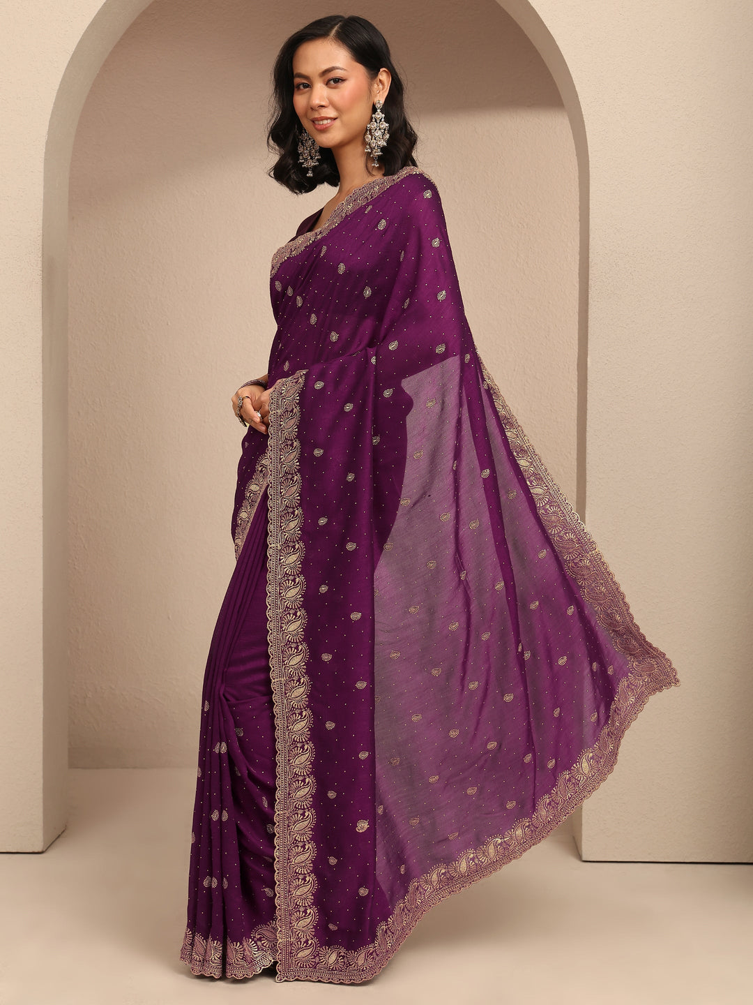  Burgundy Embroidered Silk Blend Saree With Unstitched Blouse Piece 