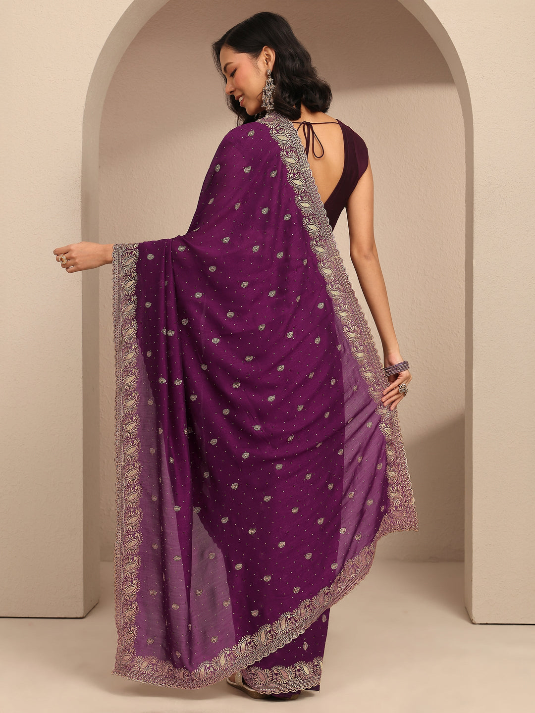  Burgundy Embroidered Silk Blend Saree With Unstitched Blouse Piece 